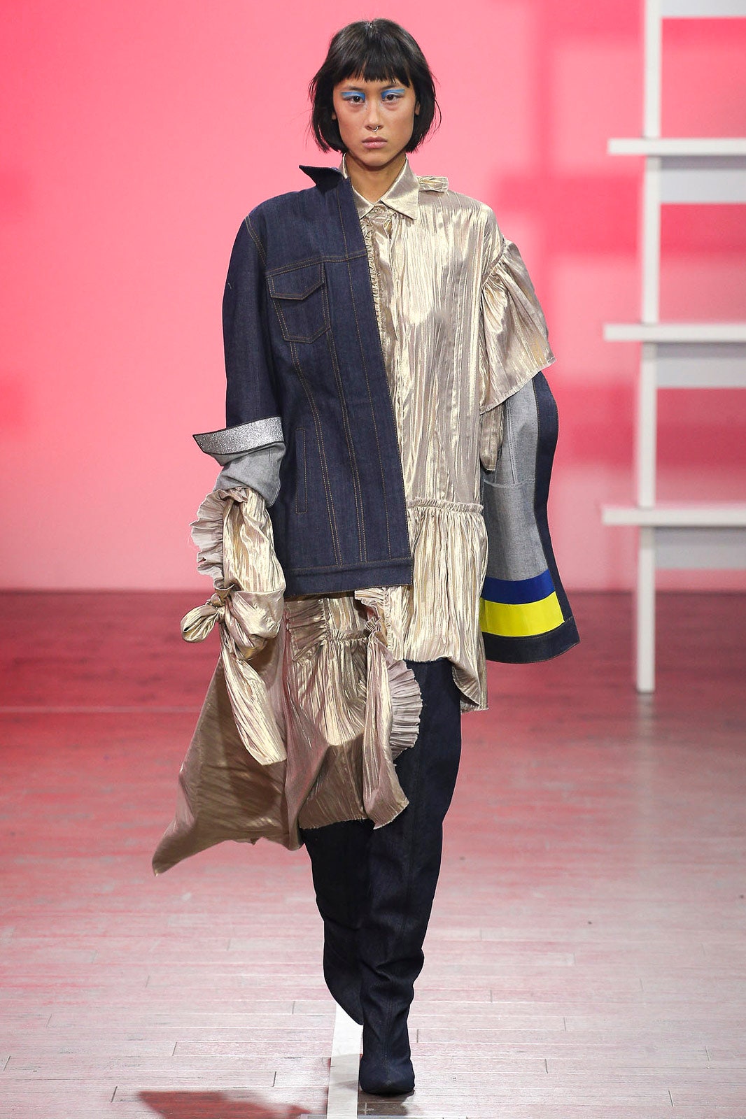 gold silk relaxed shirt with denim pants