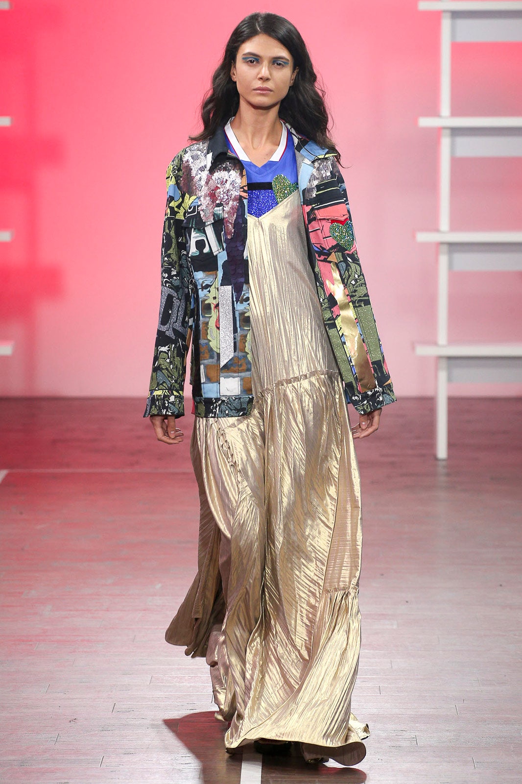 gold silk maxi dress with multi jacket