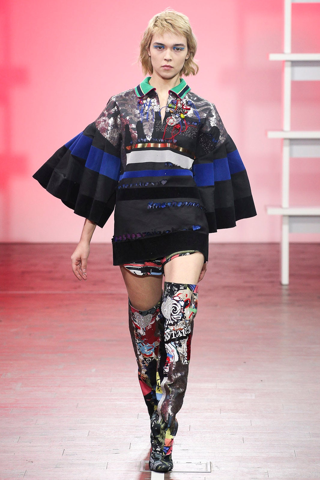 color-blocked top with distressed shorts