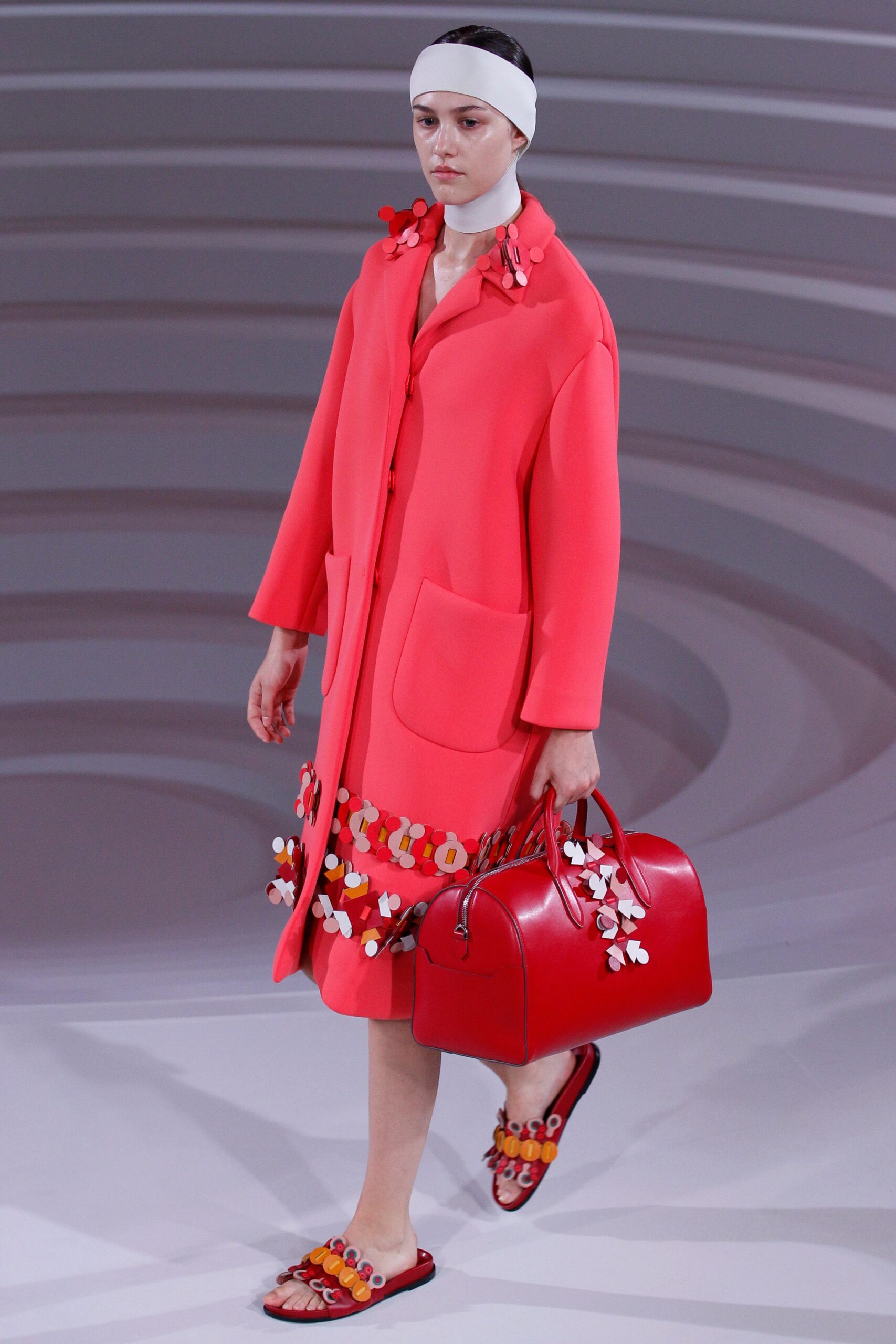 pink wool coat with red dress