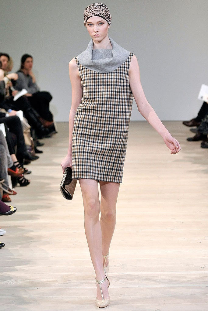 beige checked mini dress with gray scarf