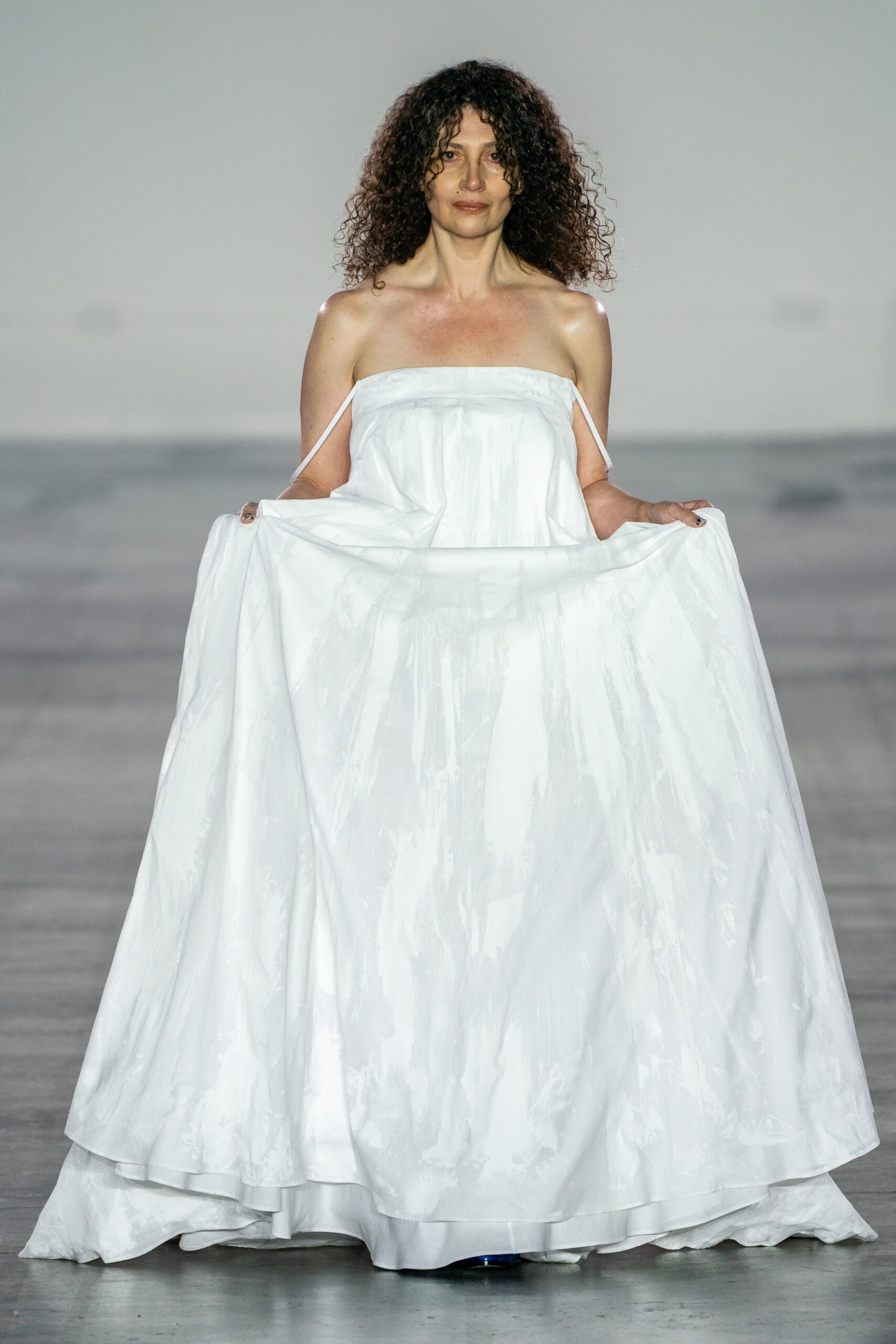 white silk strapless gown