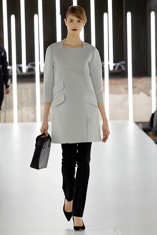 gray wool fitted coat with black pants