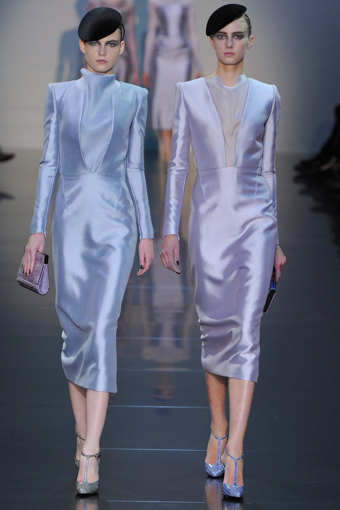 lavender silk long-sleeve high-neck fitted pencil shiny dress