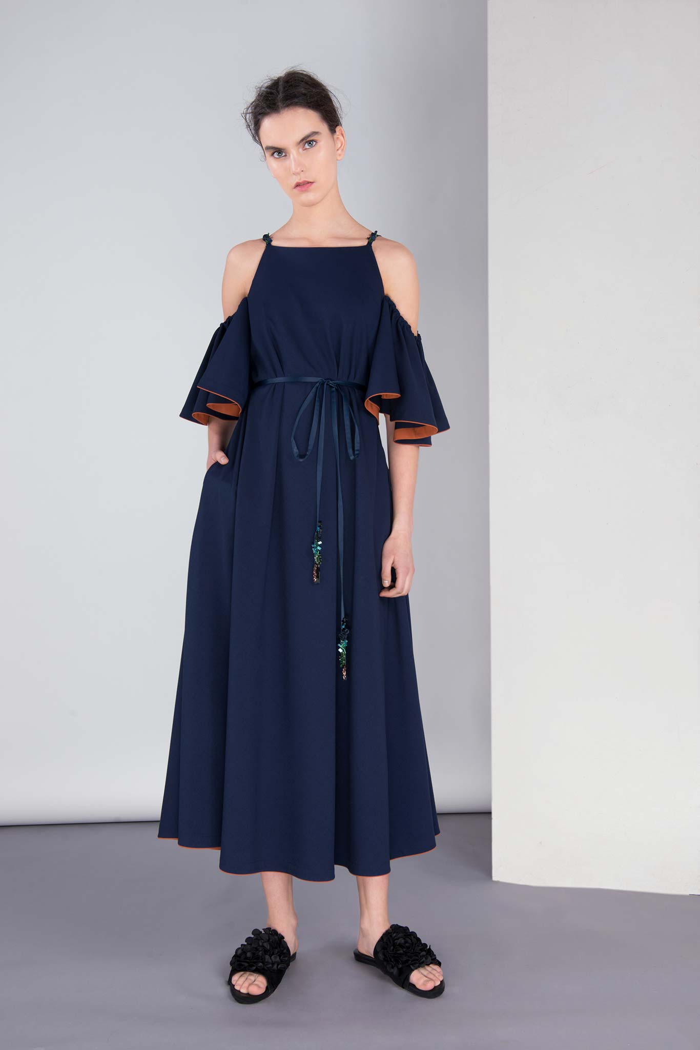 blue off-shoulder maxi dress