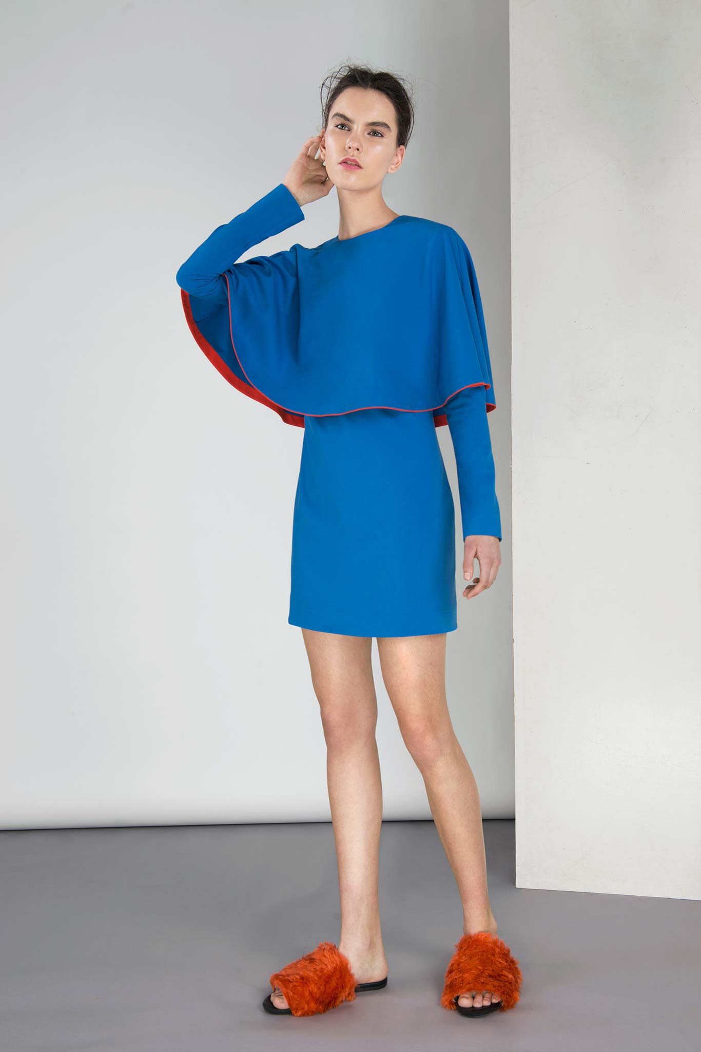 blue mini dress with layered sleeves
