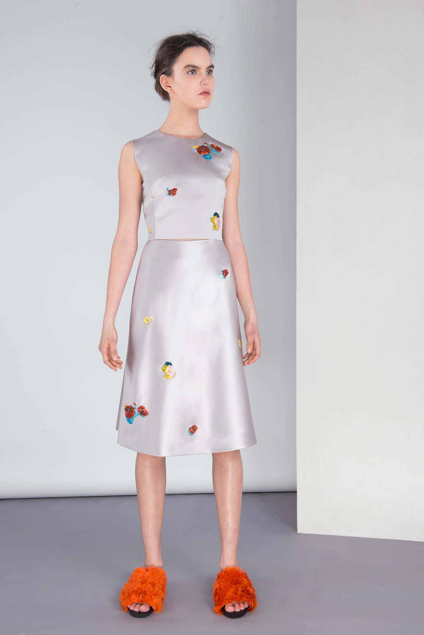 gray silk embroidered midi dress