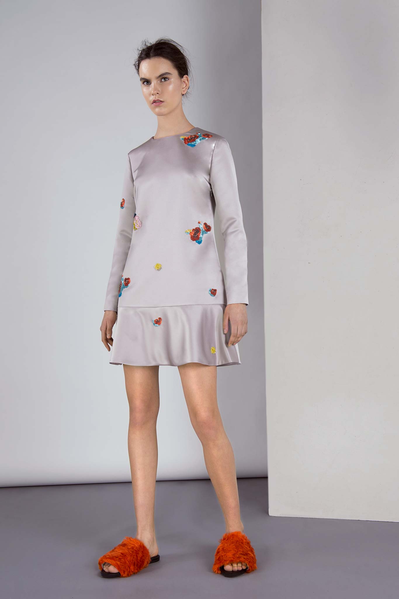 gray silk mini dress with ruffles