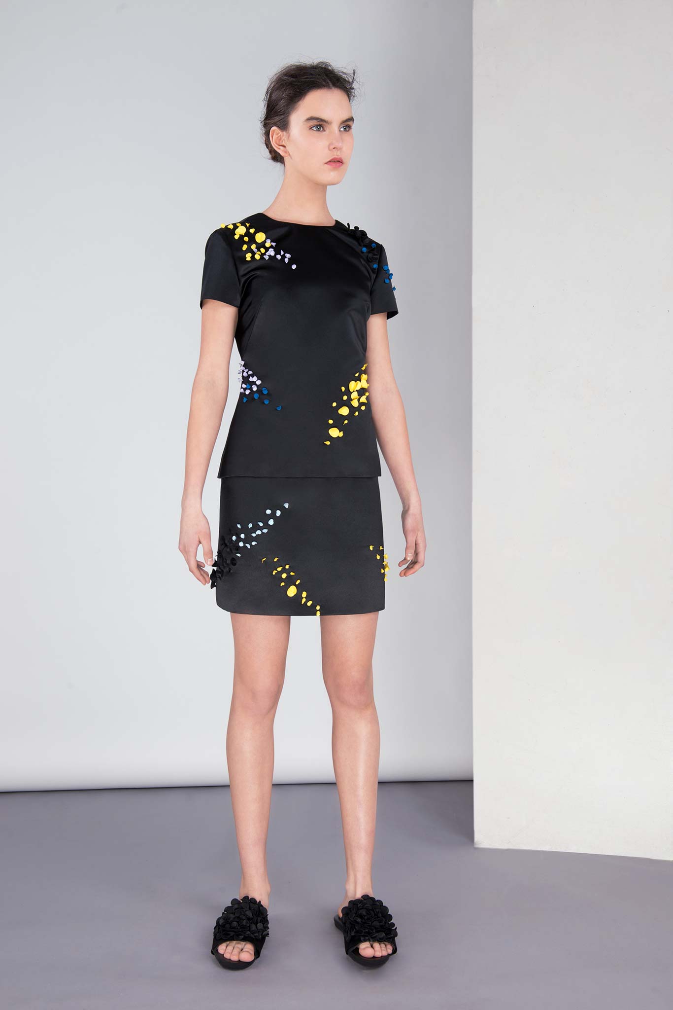 black silk printed top and skirt