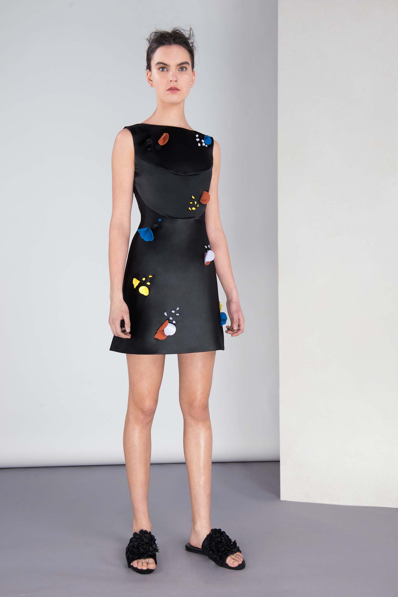 black silk sleeveless mini dress