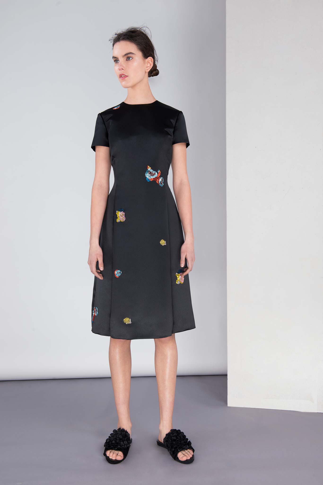 black silk embroidered midi dress