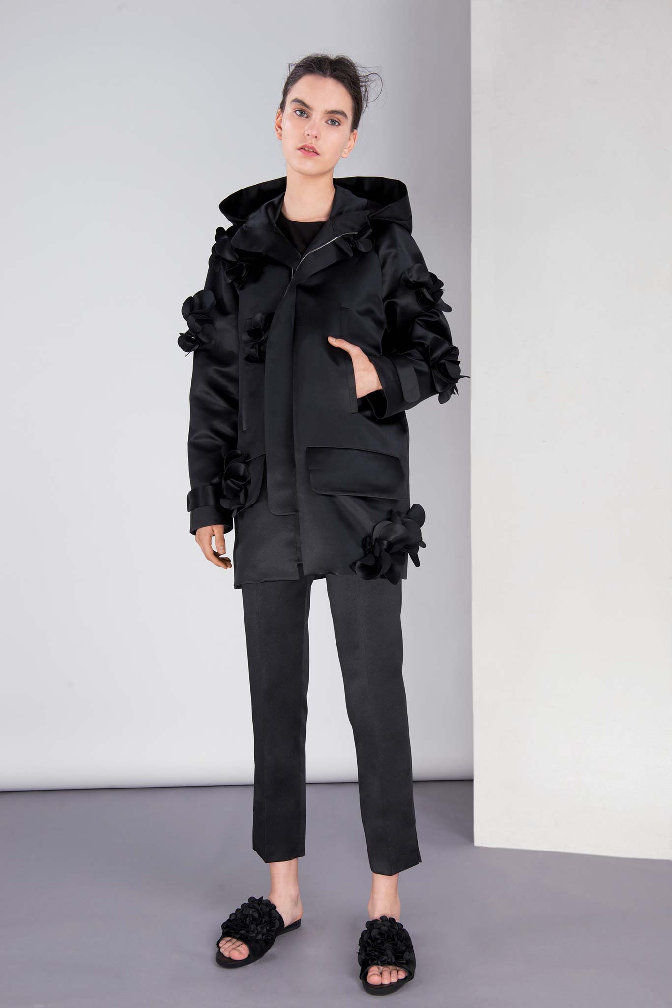 black relaxed jacket with ruffles