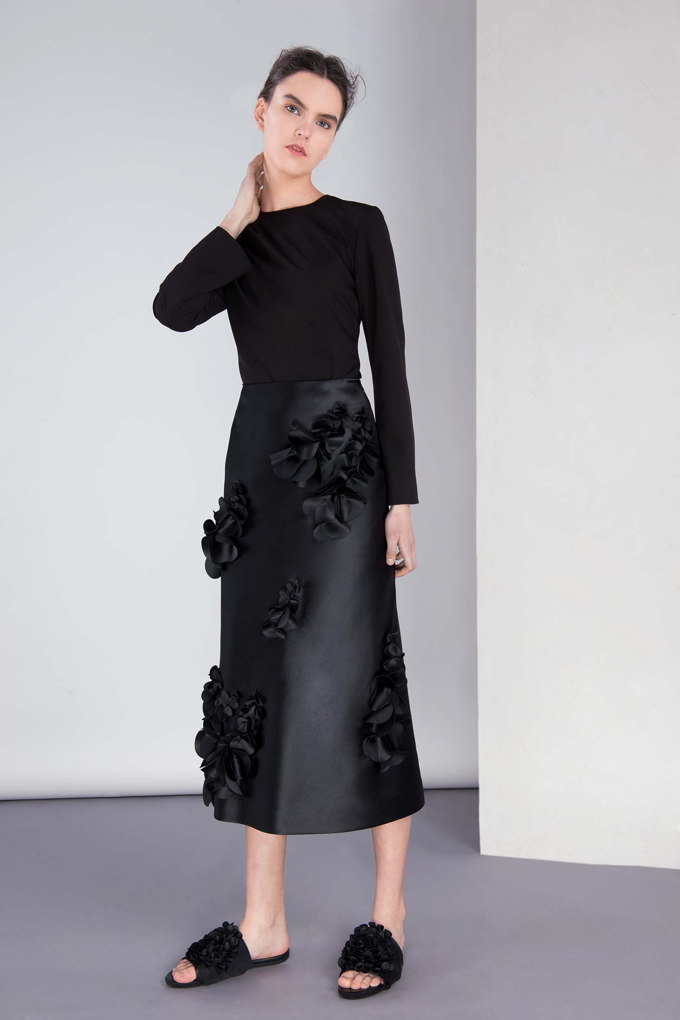 black silk midi dress