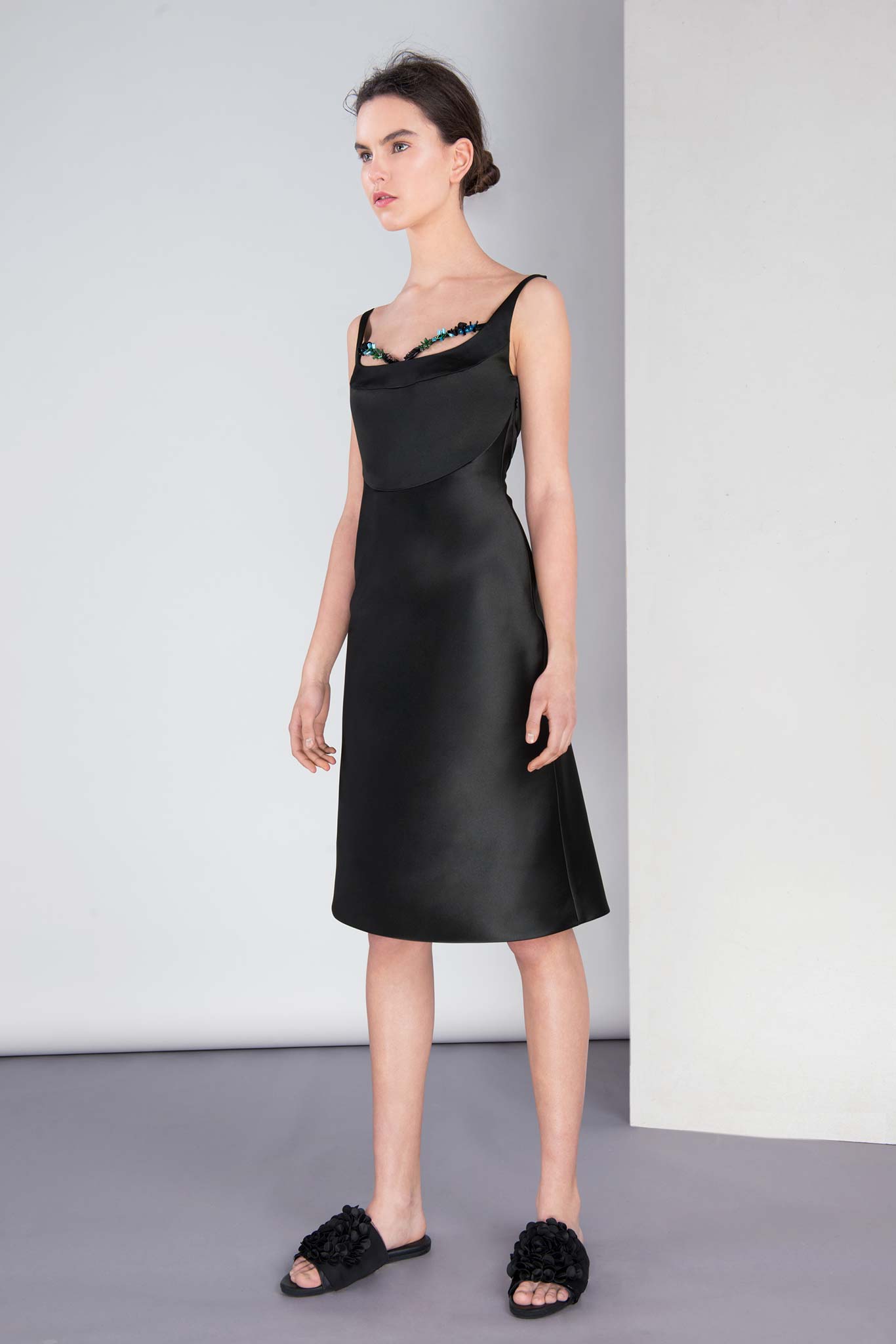 black silk midi dress with flat shoes