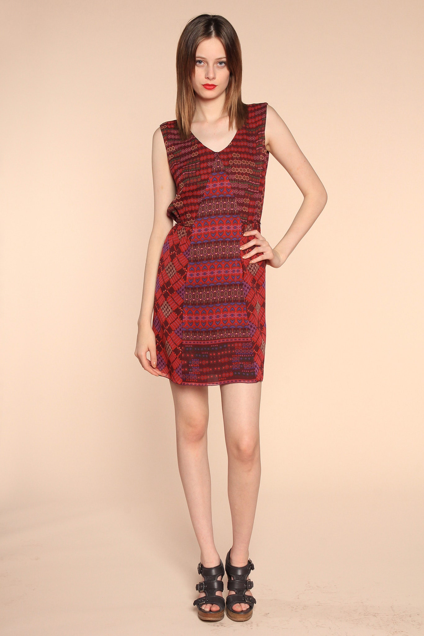 red printed mini dress with black shoes