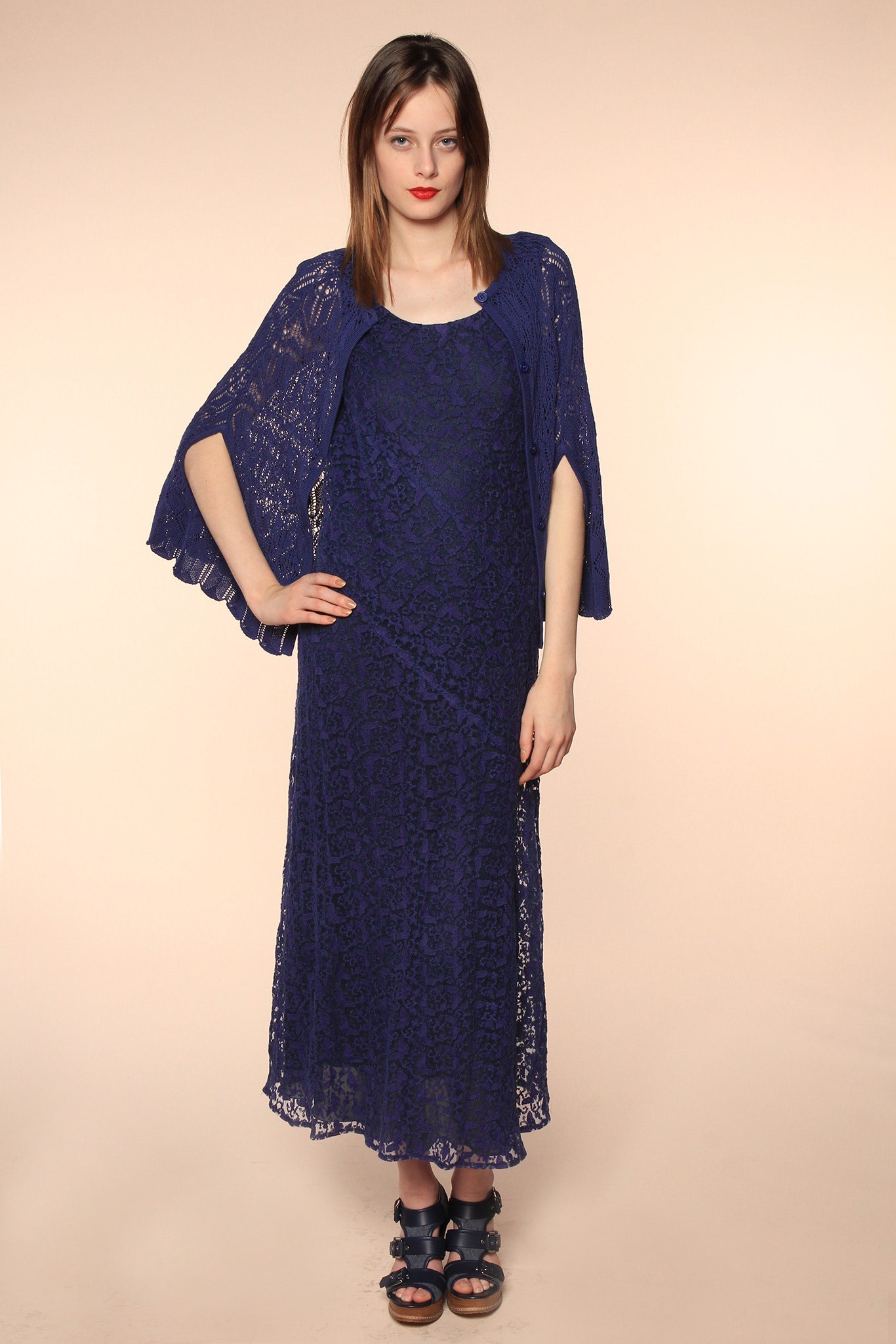 blue lace maxi dress with cape