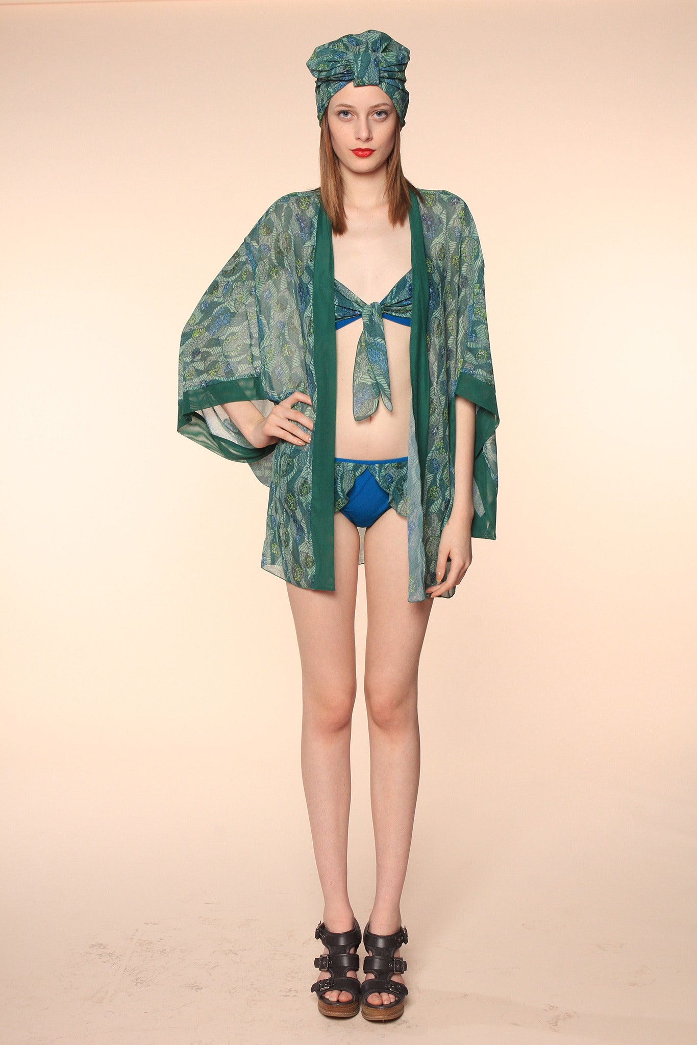 green printed kimono with bikini