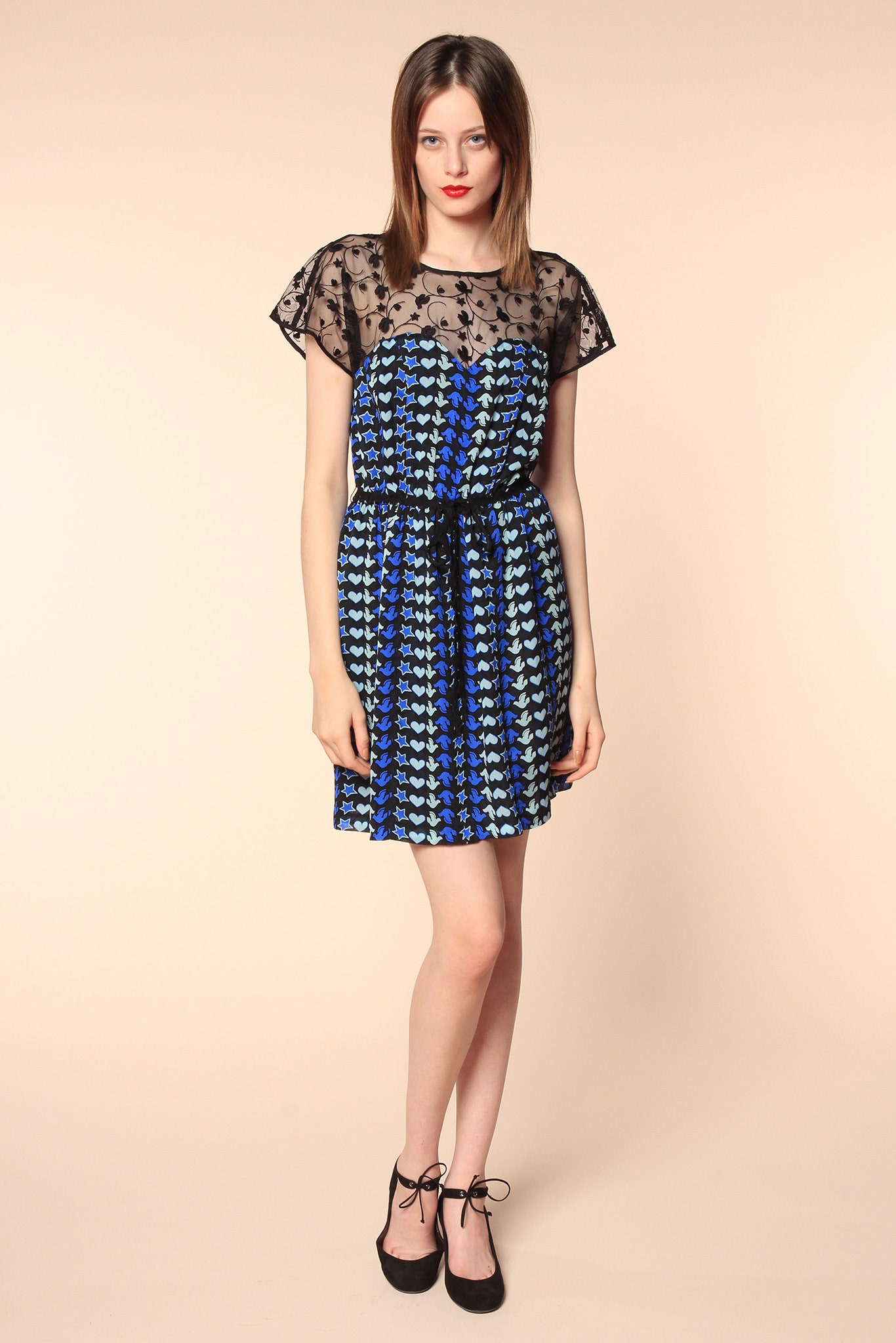 blue printed short-sleeve dress