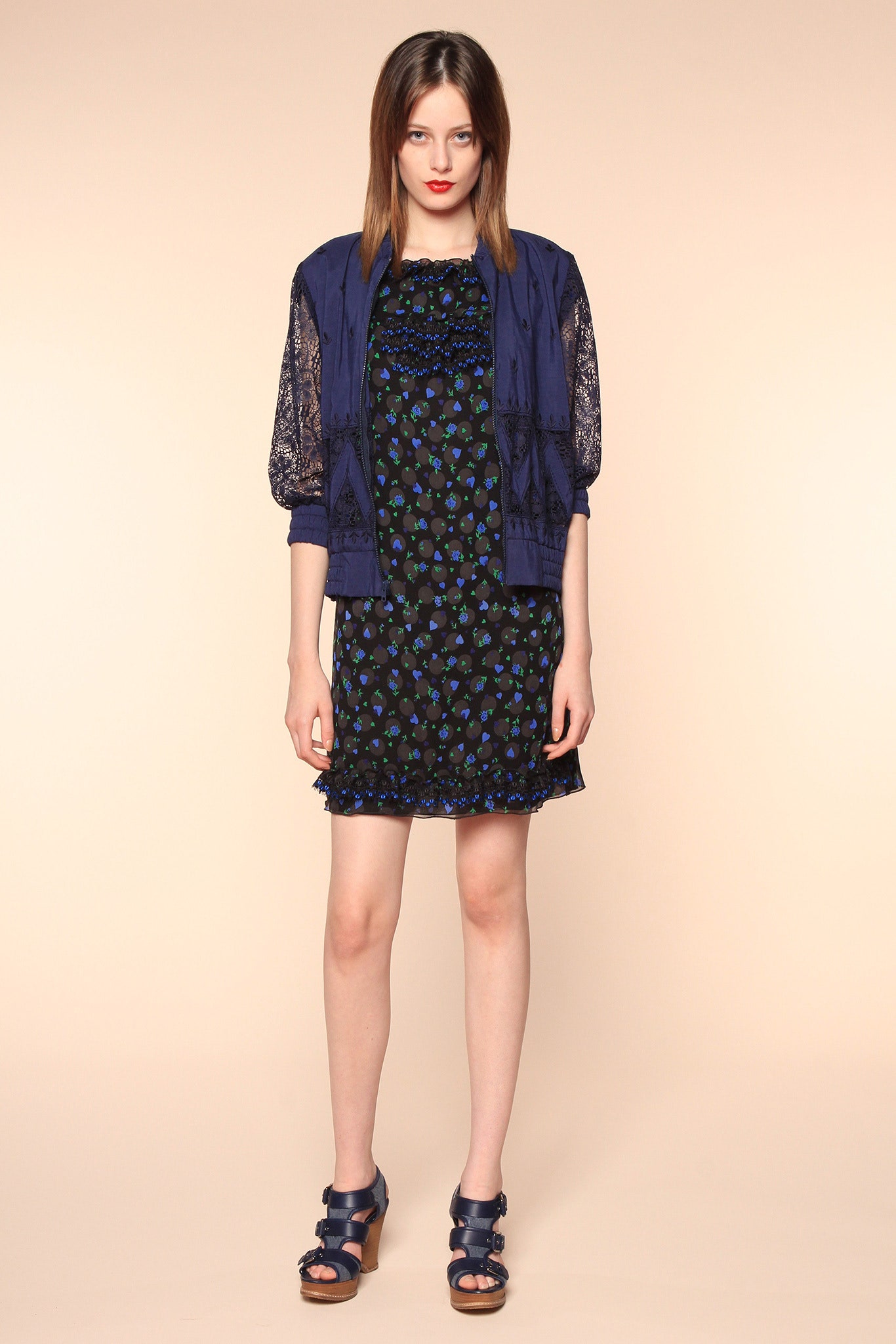 black silk ruffled dress with blue jacket