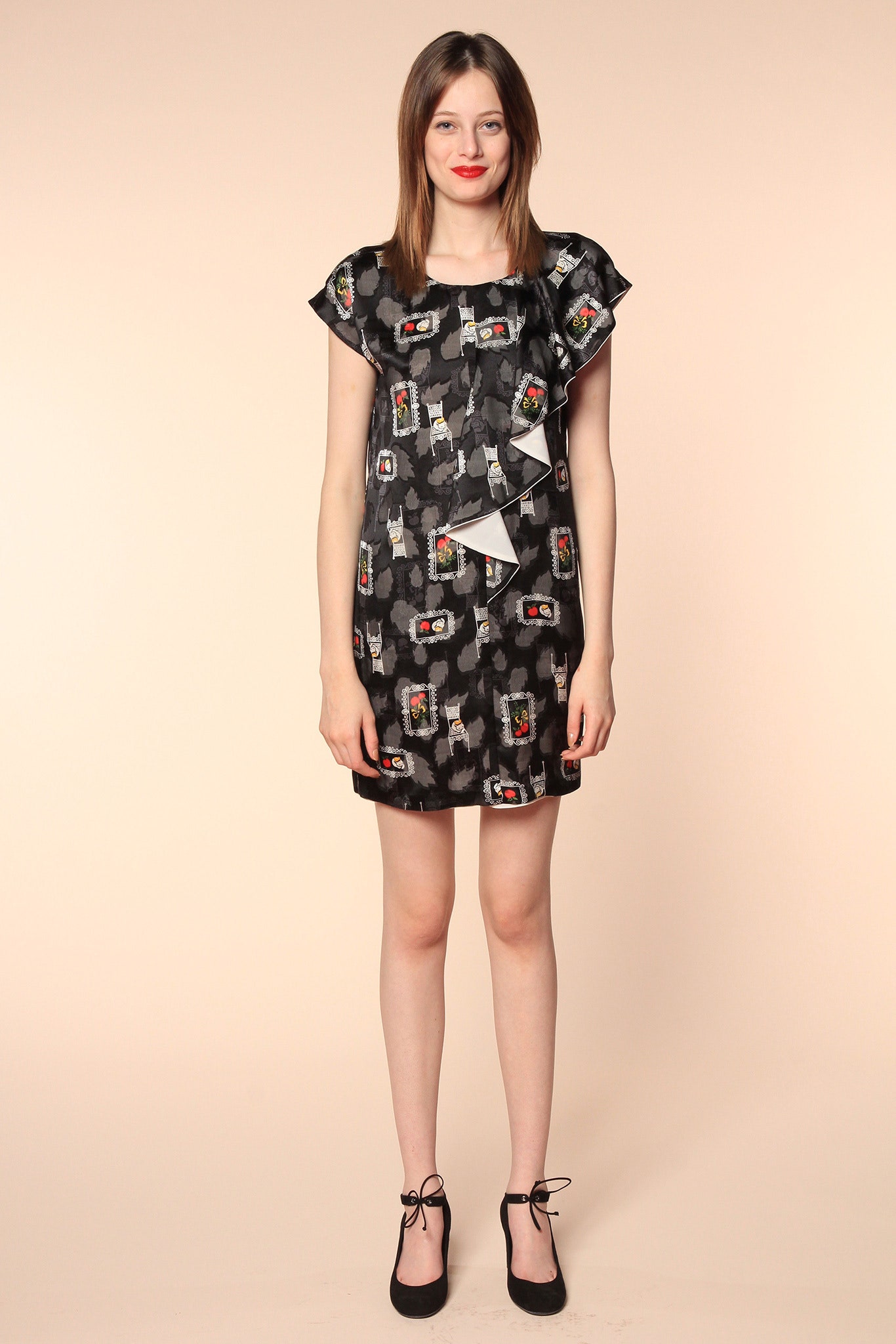 black silk ruffled mini dress