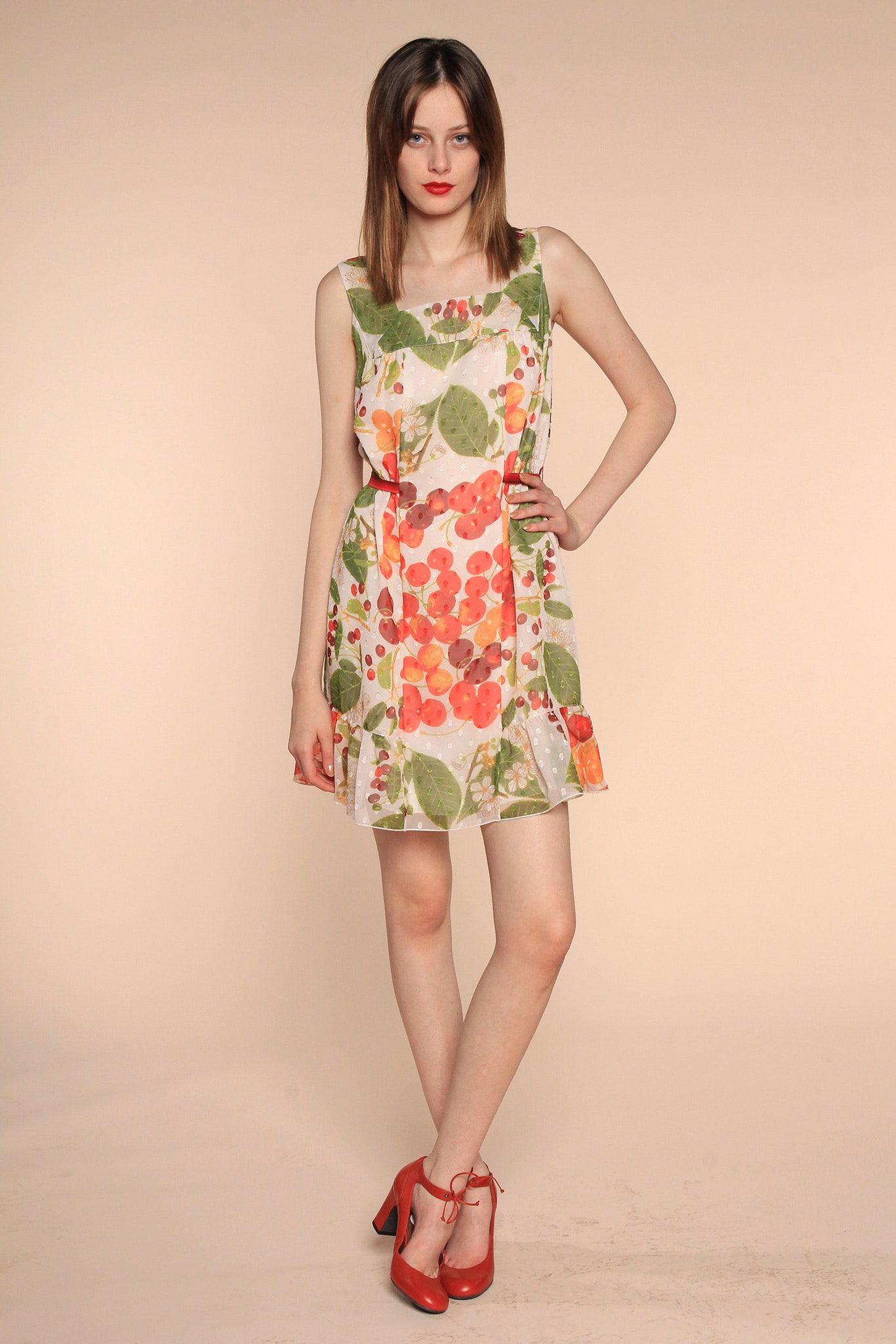 floral short dress with red heels