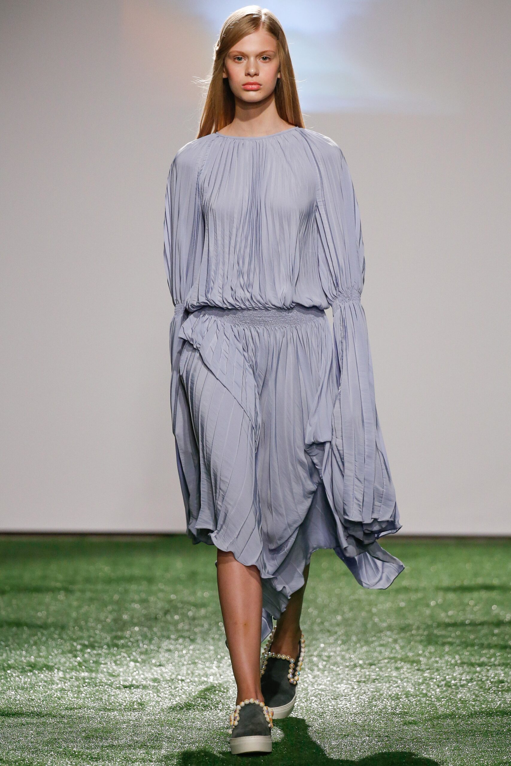 blue pleated draped midi dress