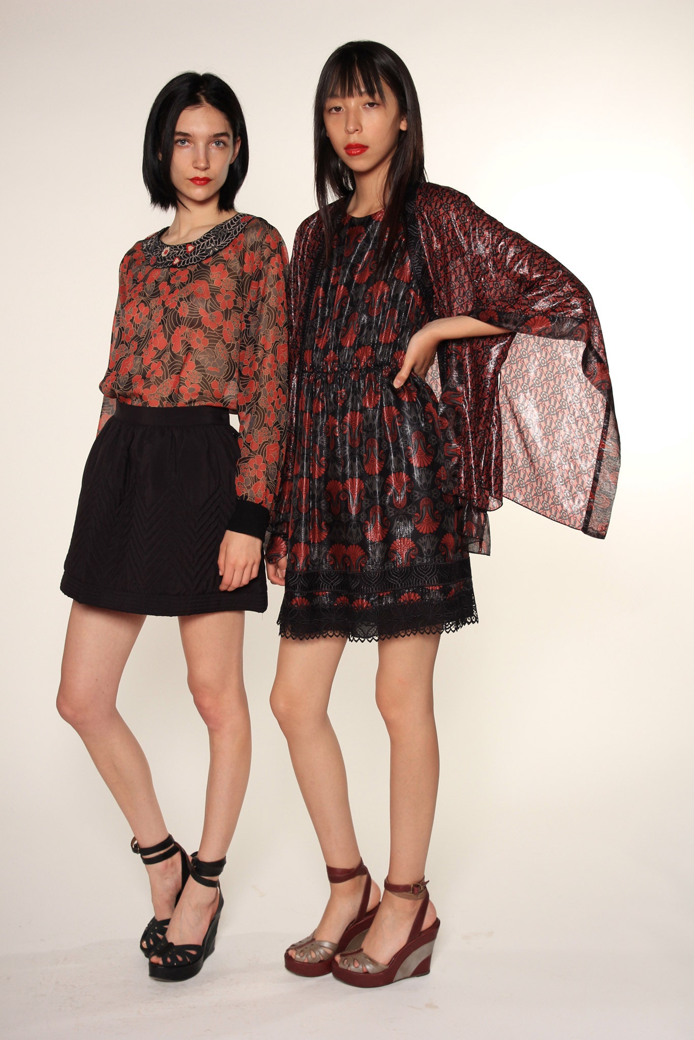 red silk long-sleeve collared fitted printed blouse