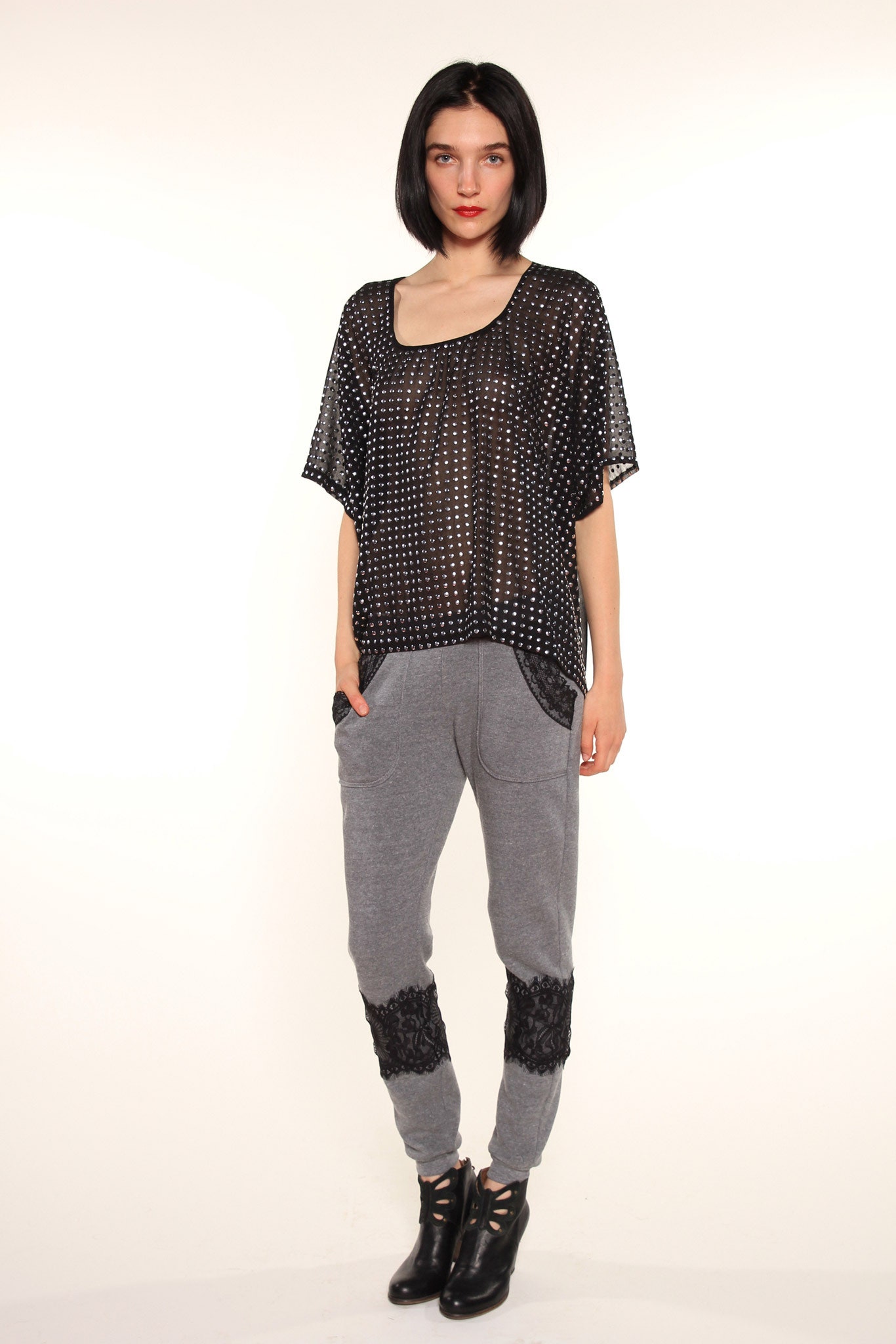 black mesh short-sleeve scoop-neck relaxed embroidered sheer top
