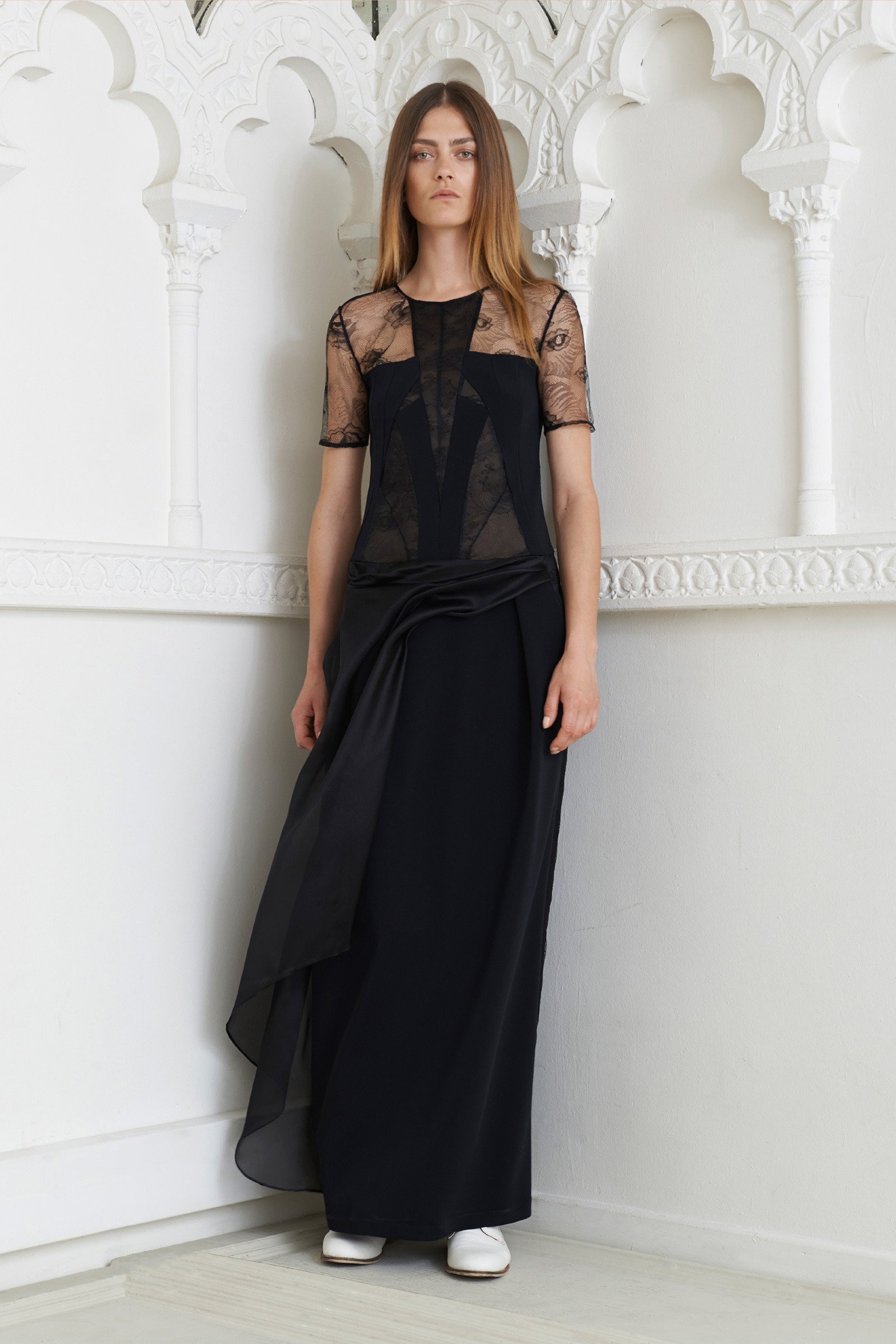 black silk maxi dress and lace top