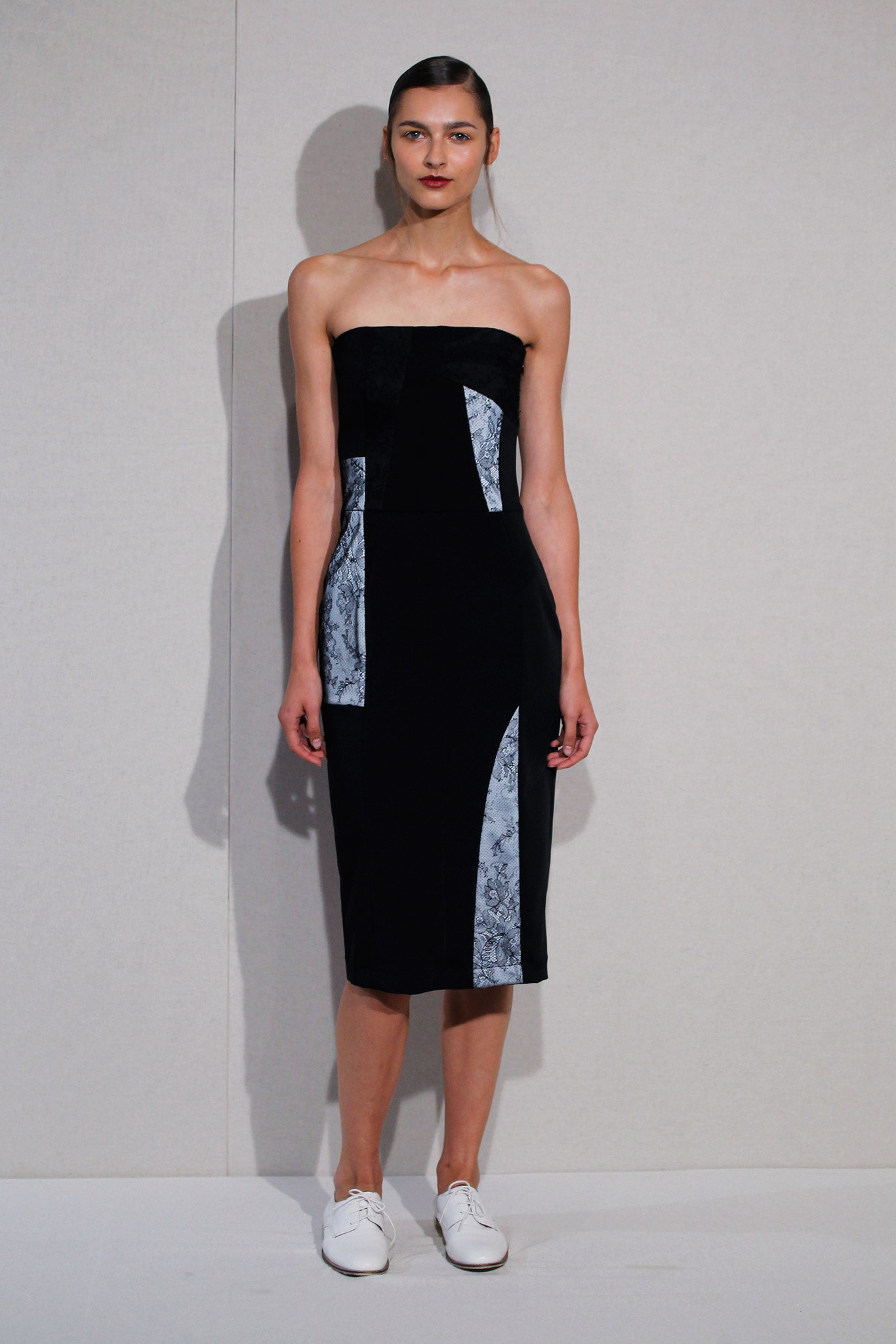 black and blue strapless midi dress