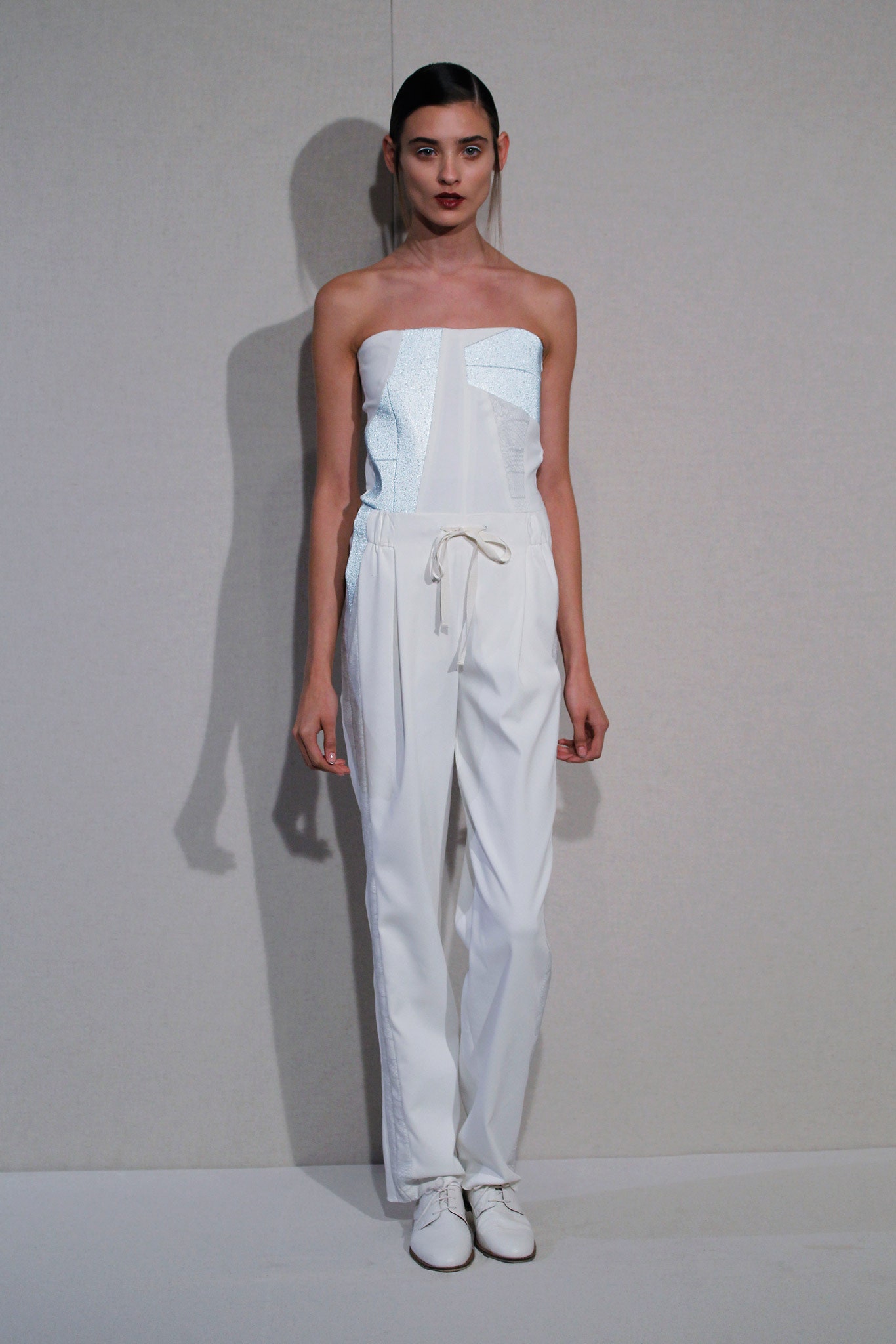 white relaxed strapless jumpsuit