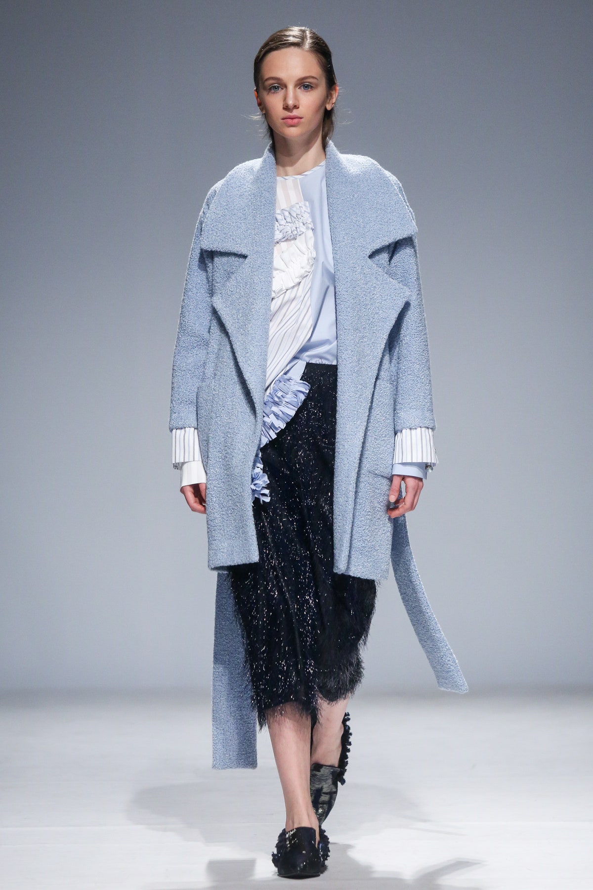 blue wool coat with pleated top