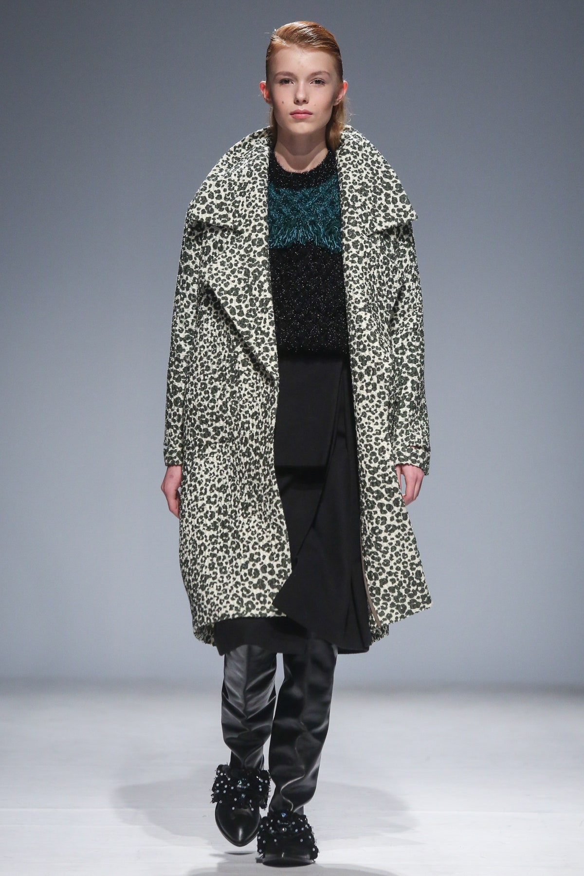 animal-print coat with textured sweater