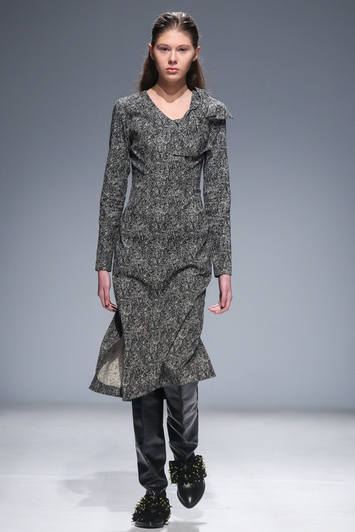 fitted gray wool midi dress with black pants