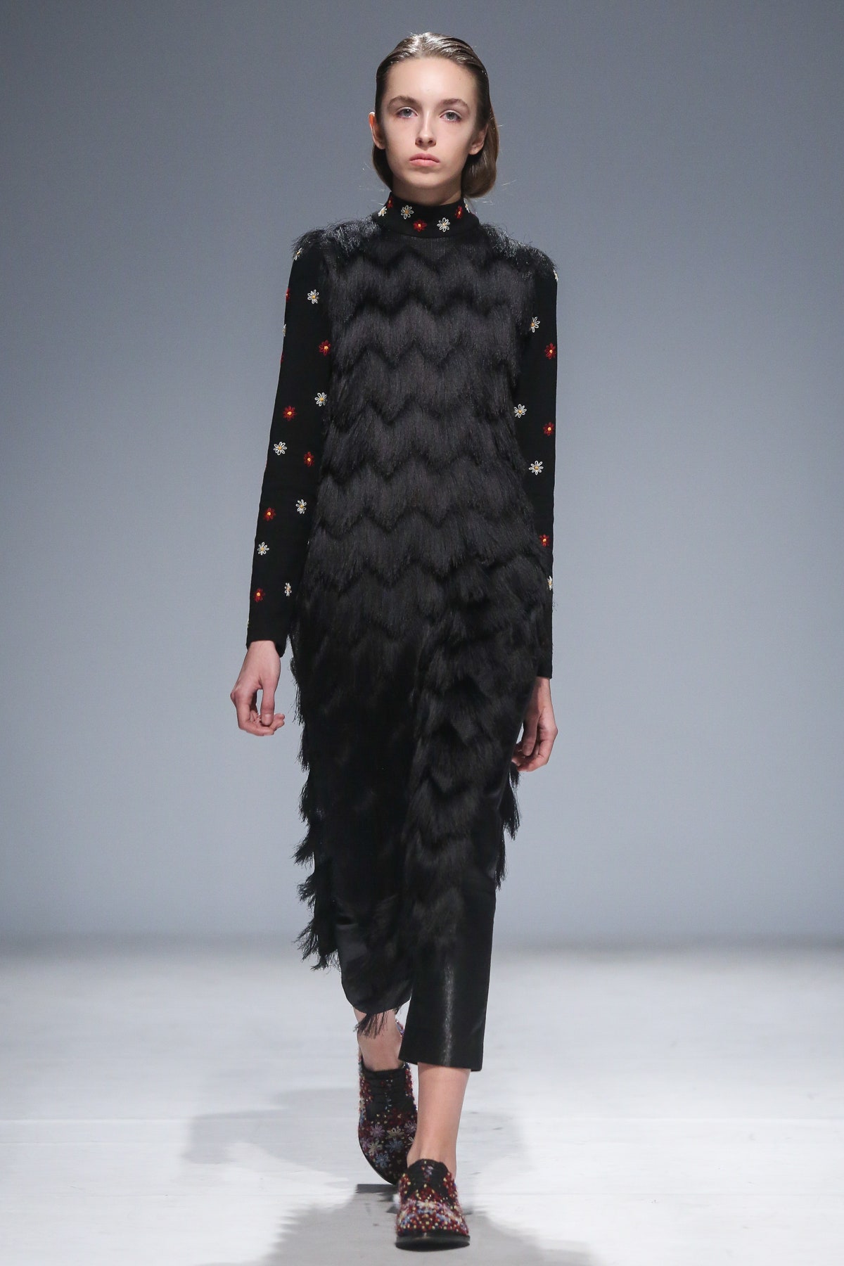 black fur midi dress with embroidered top