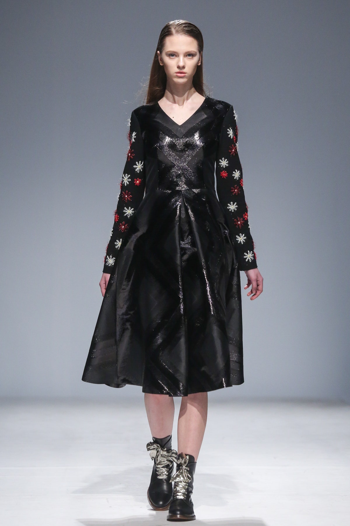 black silk embroidered midi dress