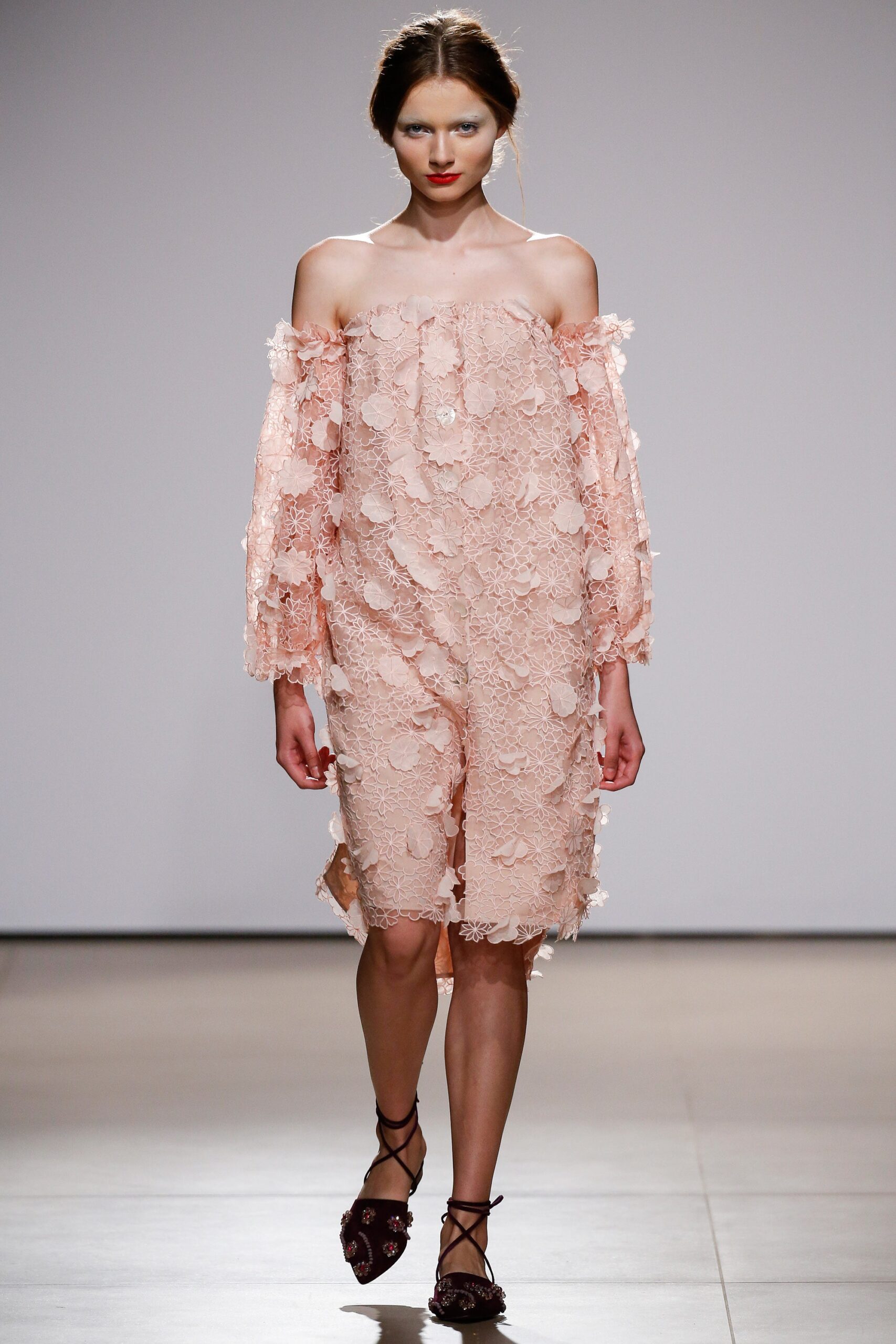 pink lace off-shoulder dress