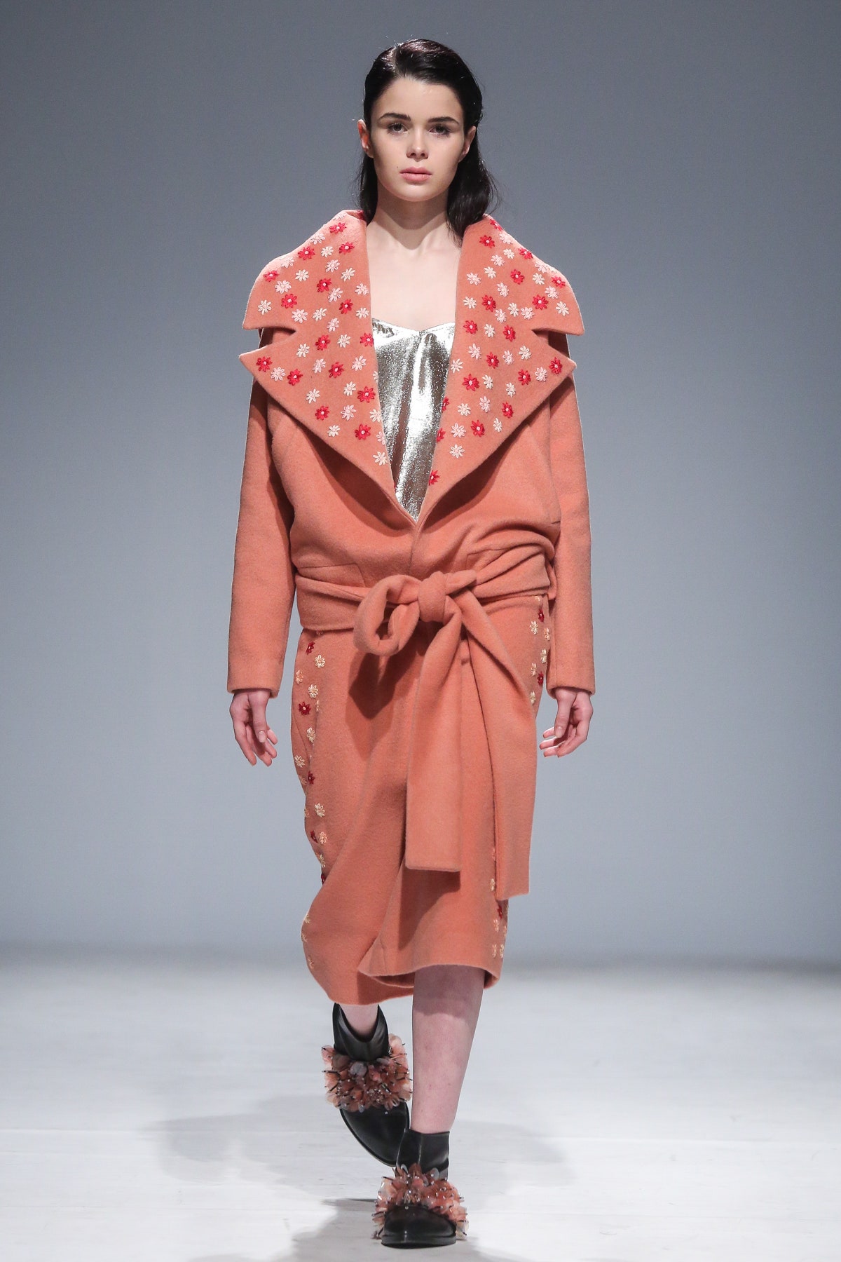 orange wool belted coat with silver top