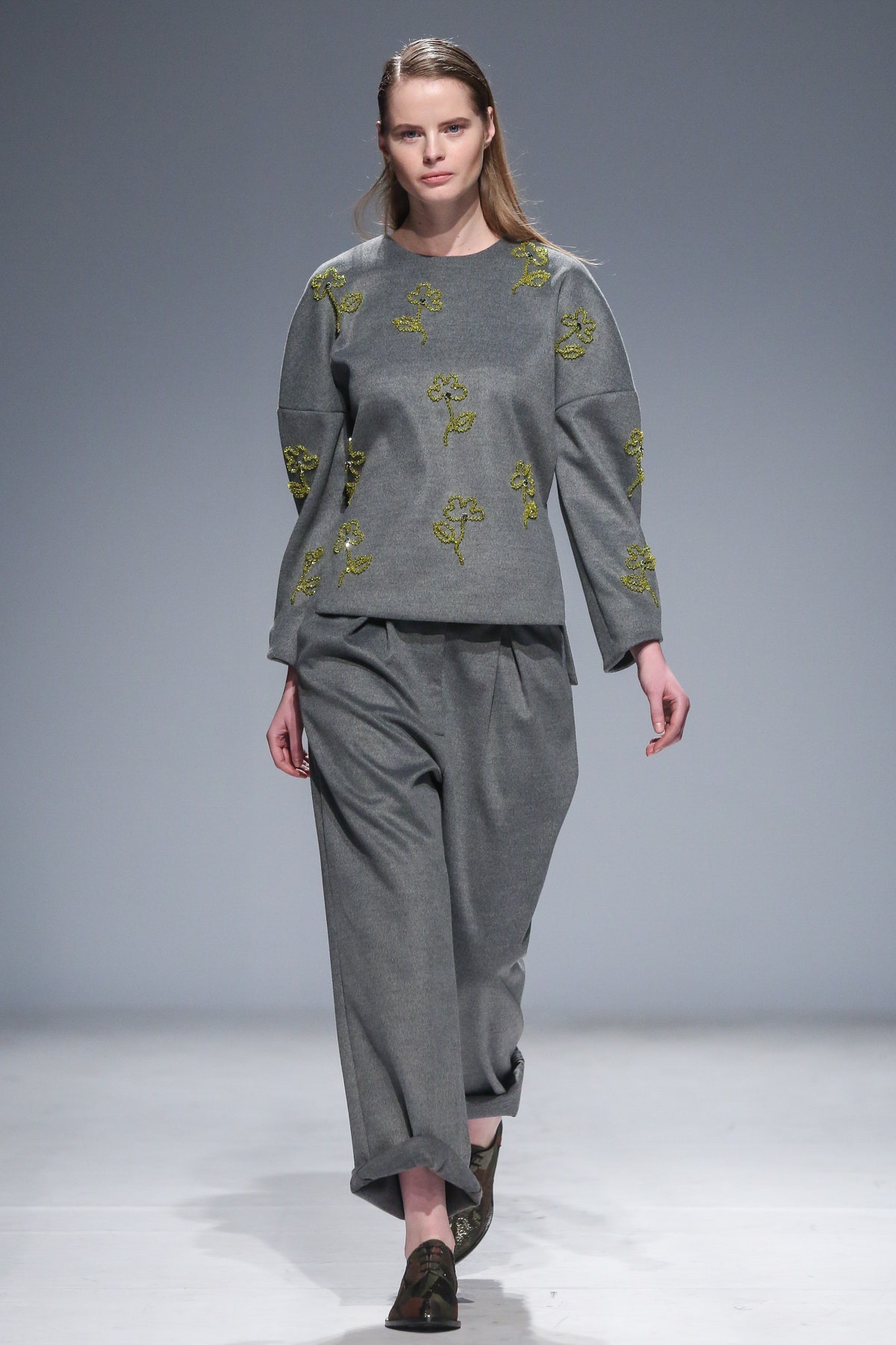 gray relaxed embroidered top and pants
