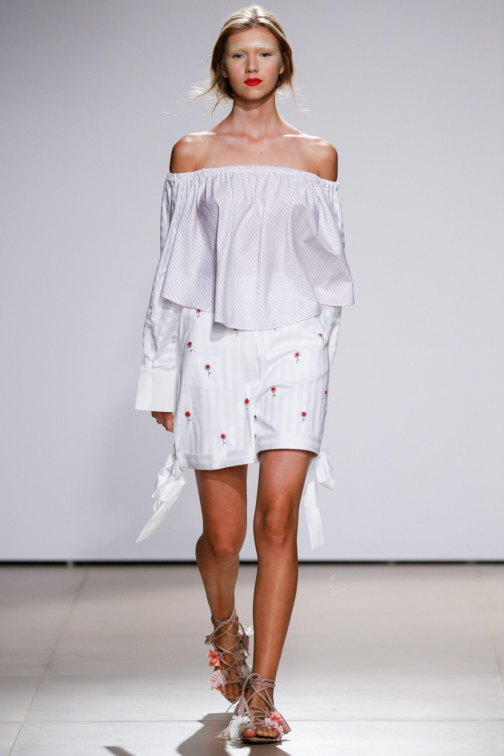 white off-shoulder blouse with shorts