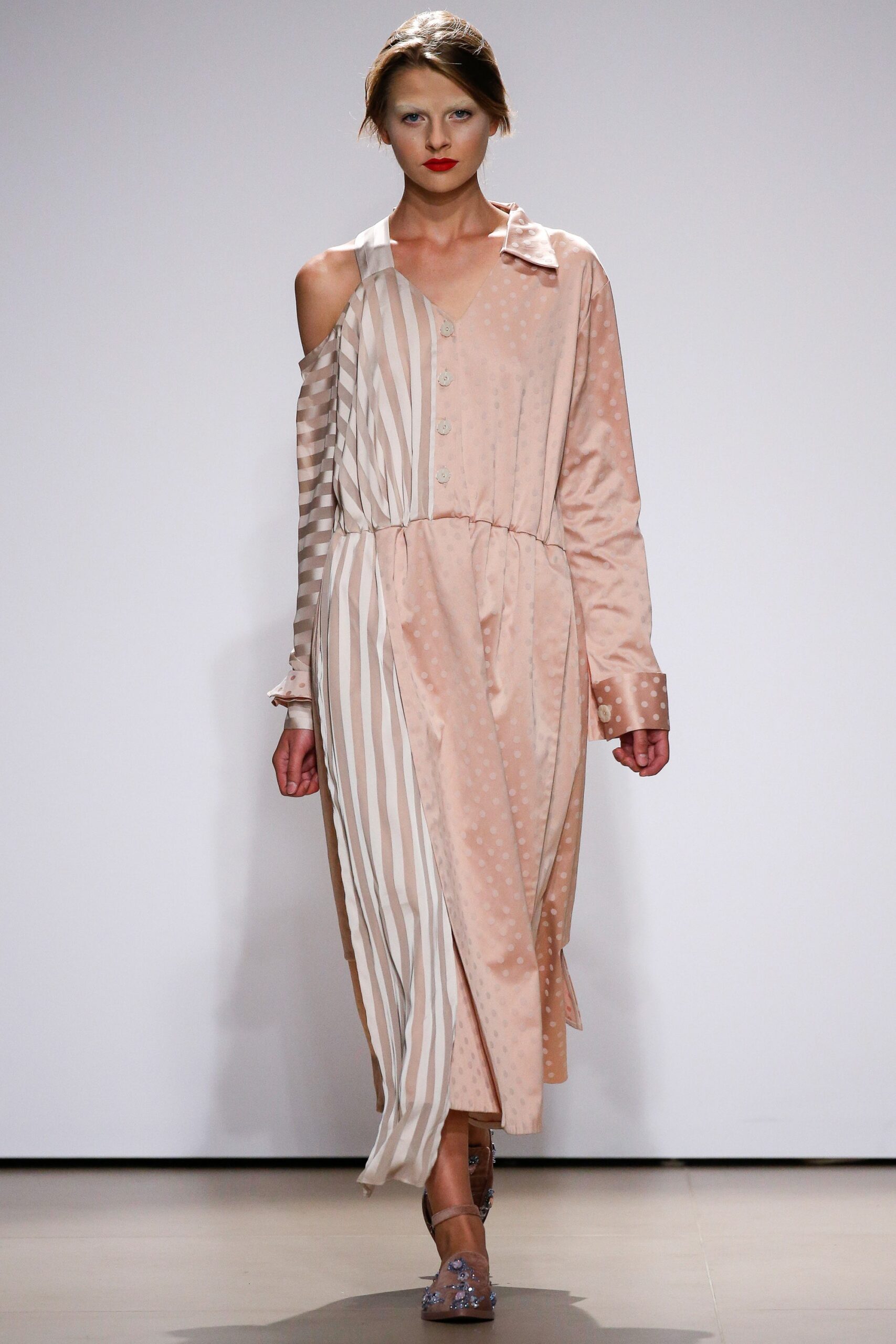 pink beige striped midi dress