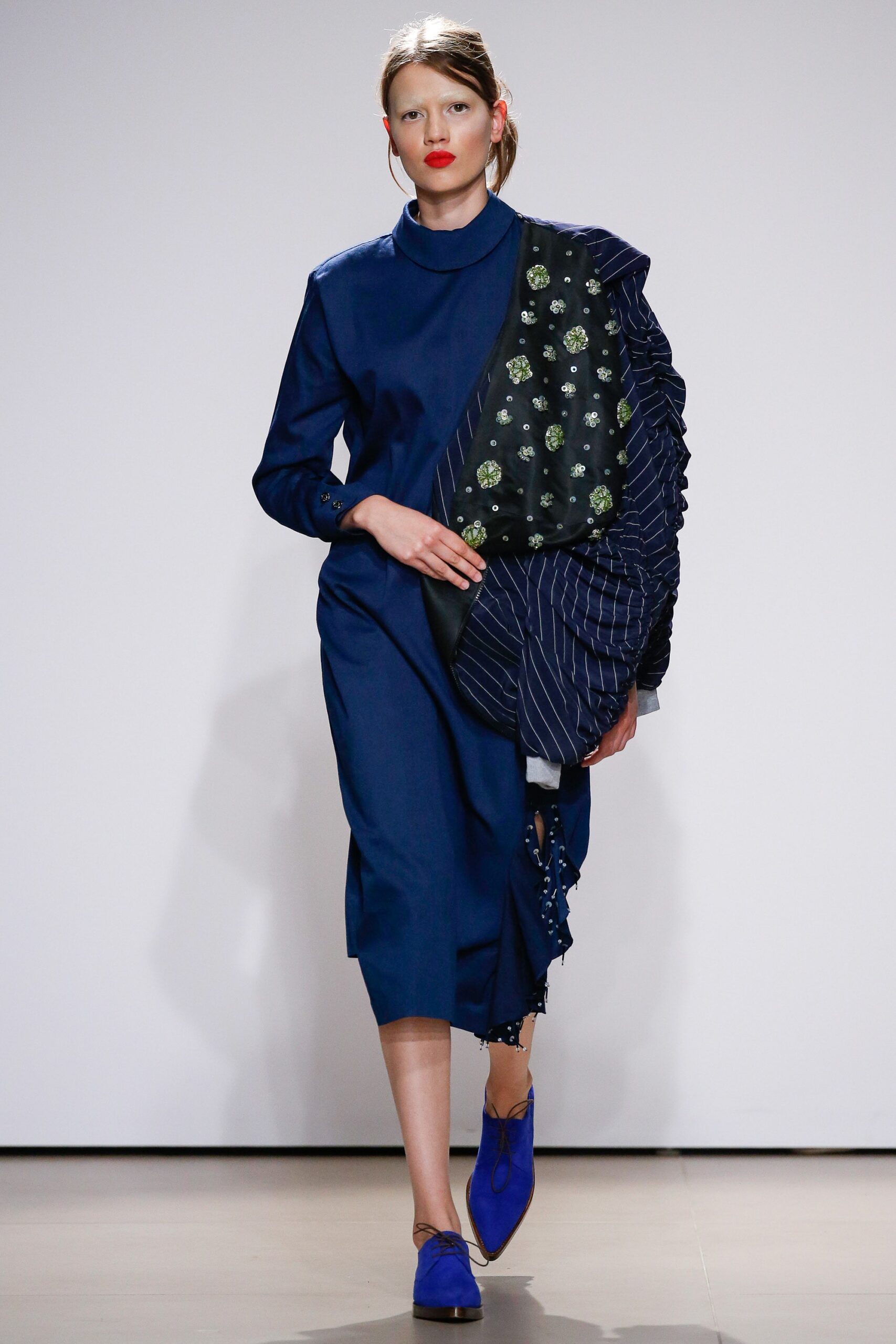 blue cotton long-sleeve collared fitted draped midi dress