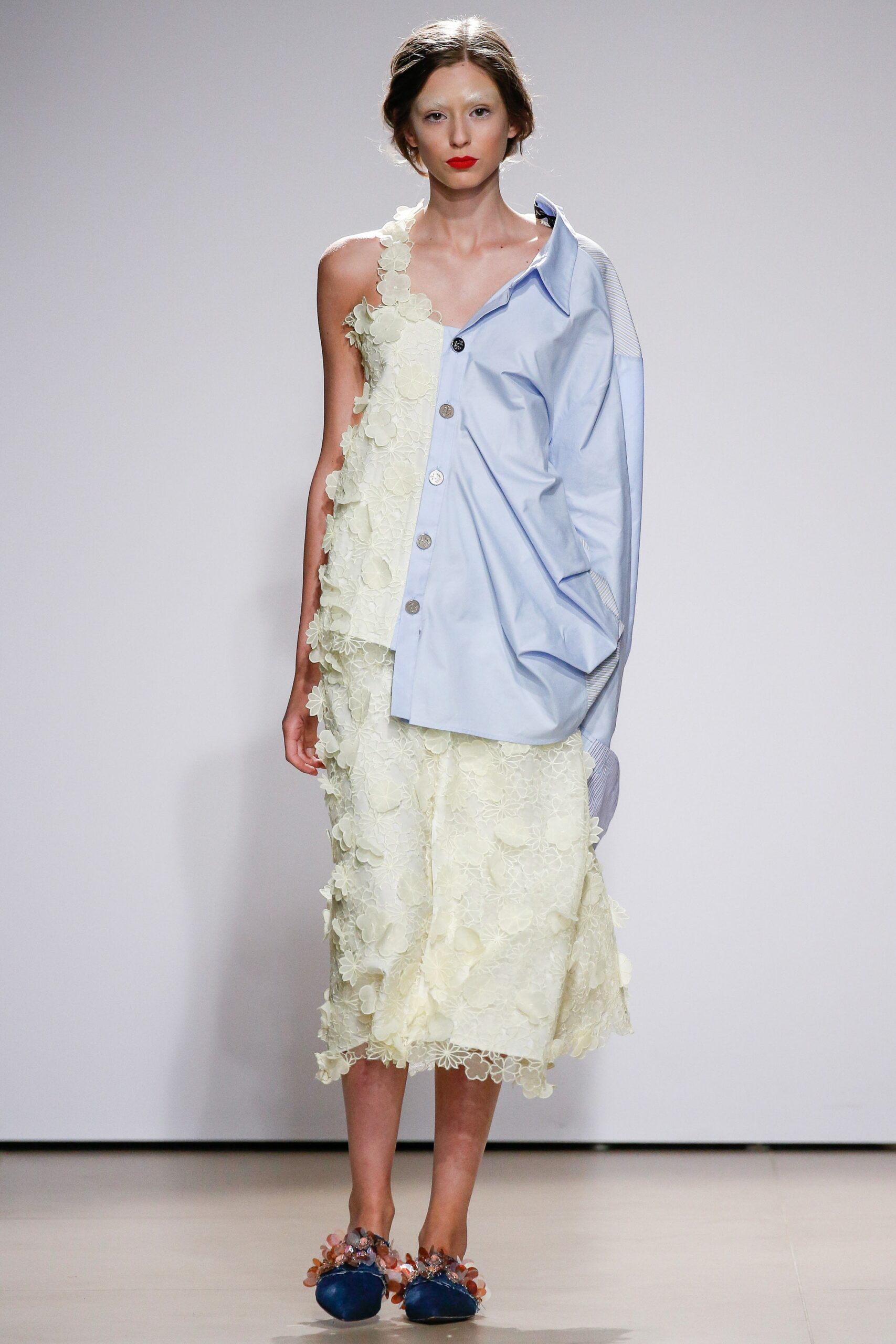 yellow ruffled midi dress with oversized blue shirt