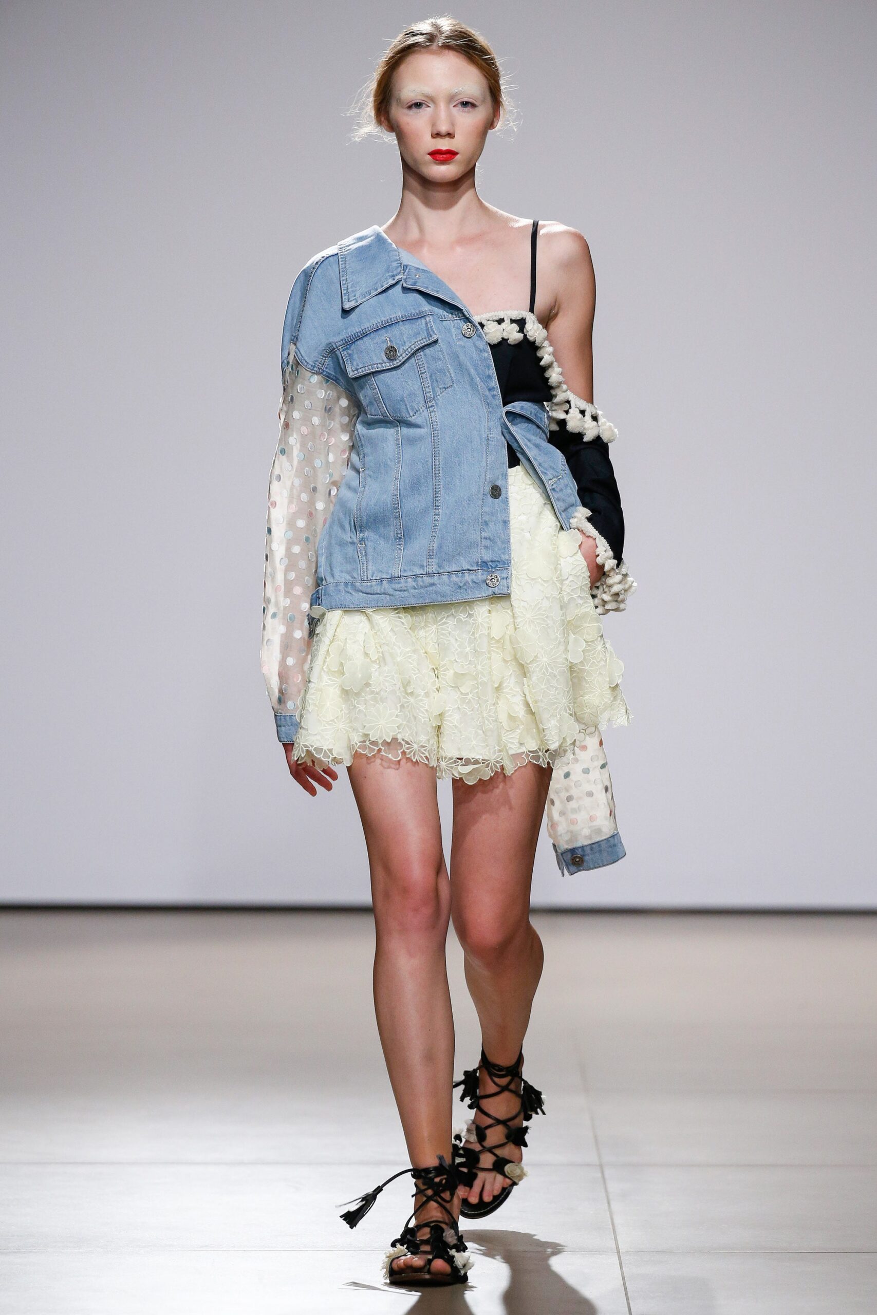 blue denim jacket yellow lace dress