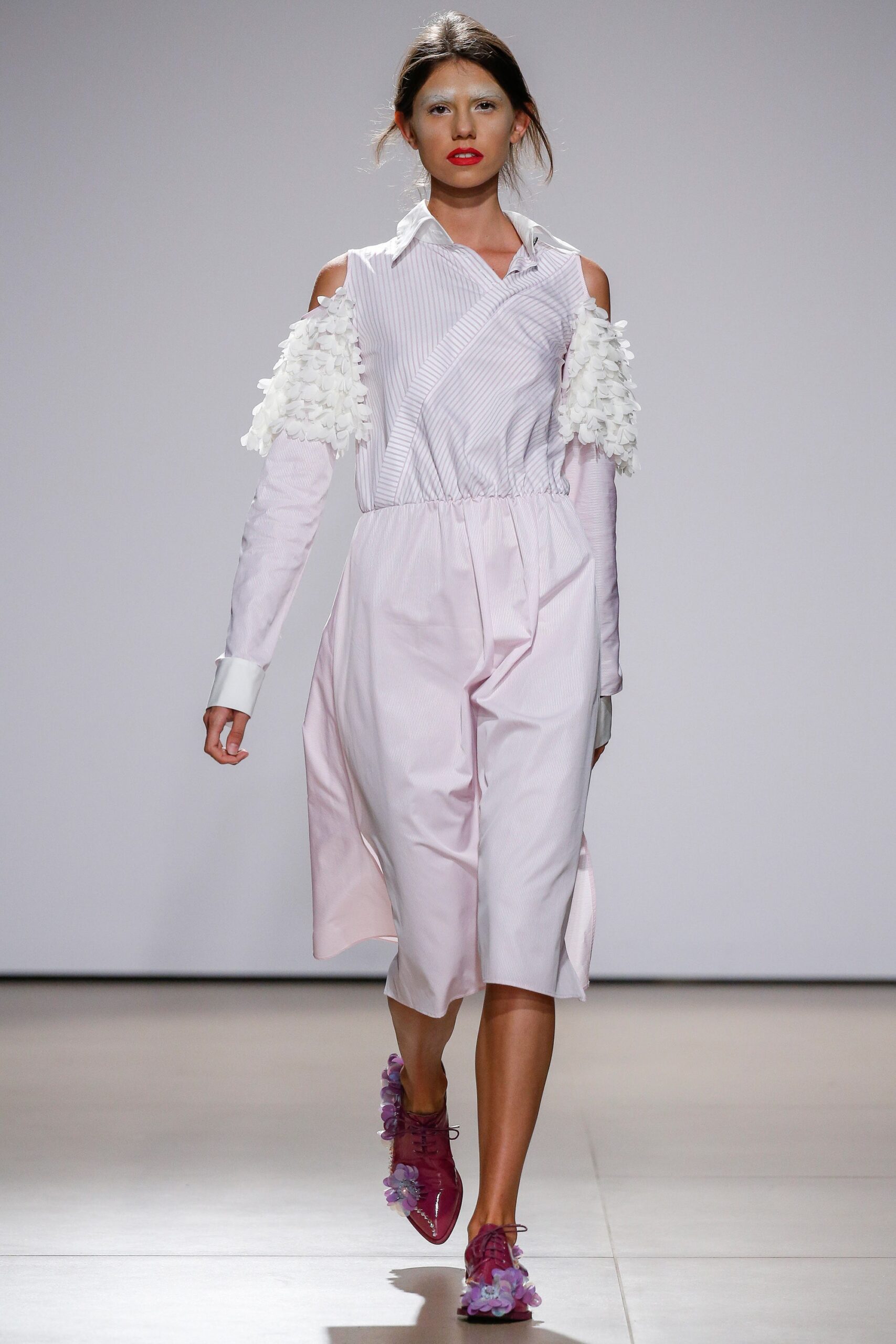 pink cotton long-sleeve collared fitted pleated tiered dress