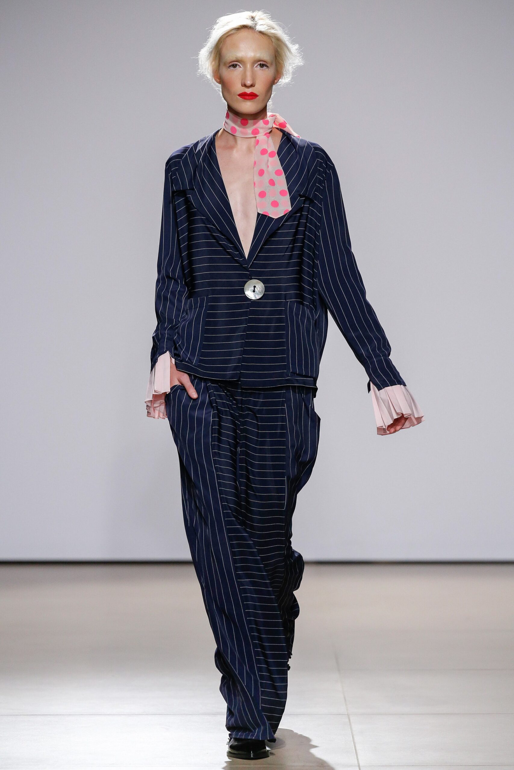 blue striped suit with scarf