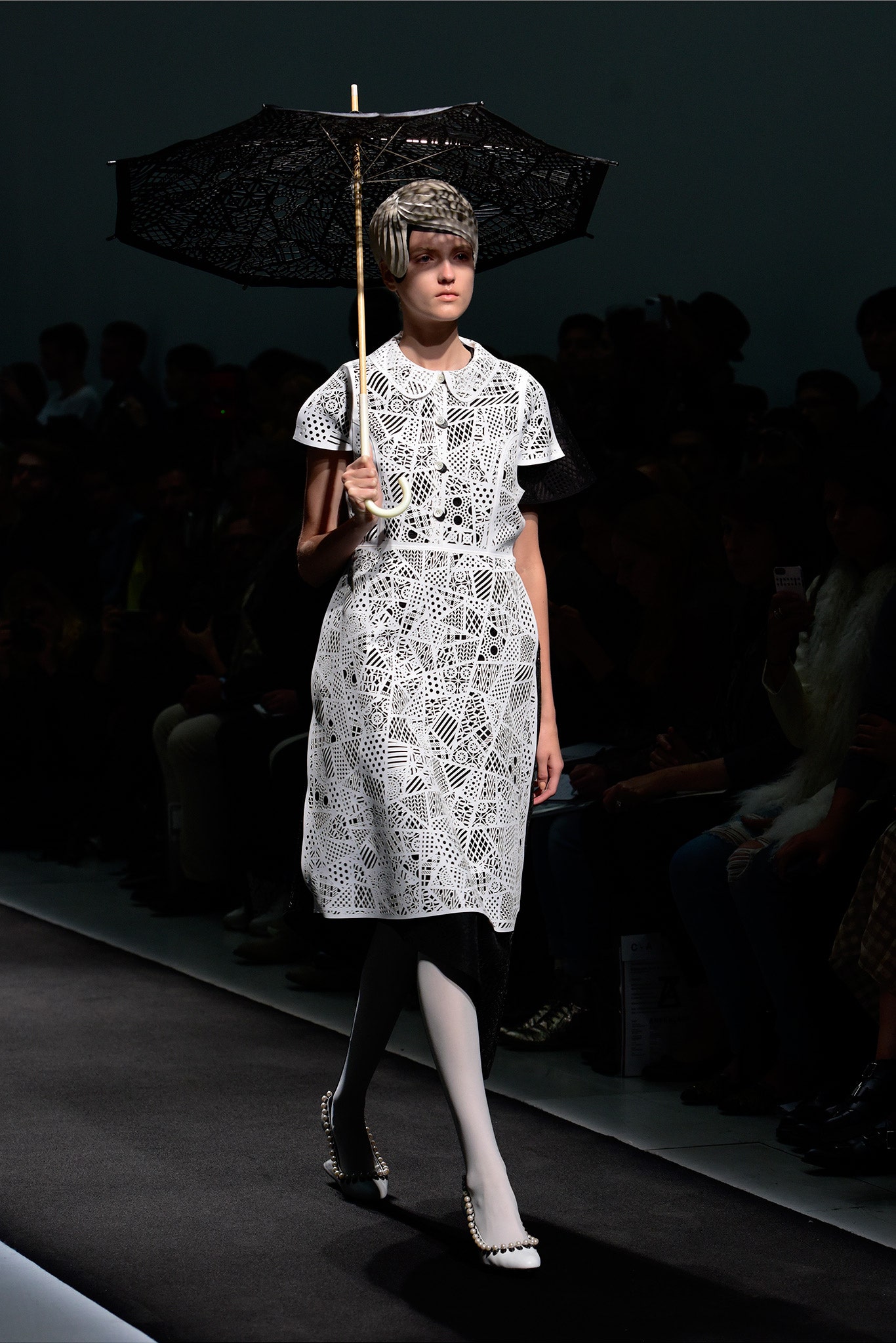 white lace short-sleeve collared fitted embroidered a-line dress