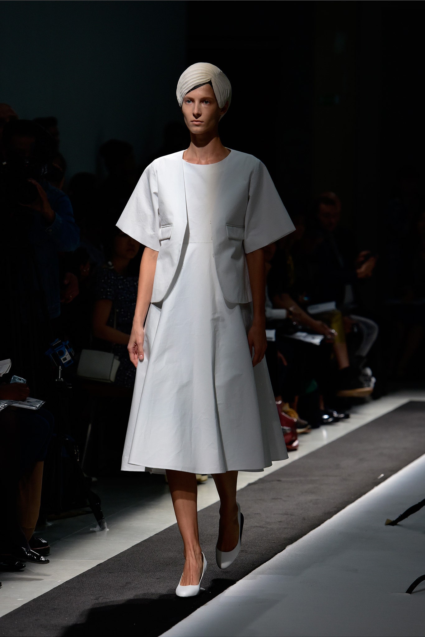 white cotton short-sleeve collared fitted a-line midi dress