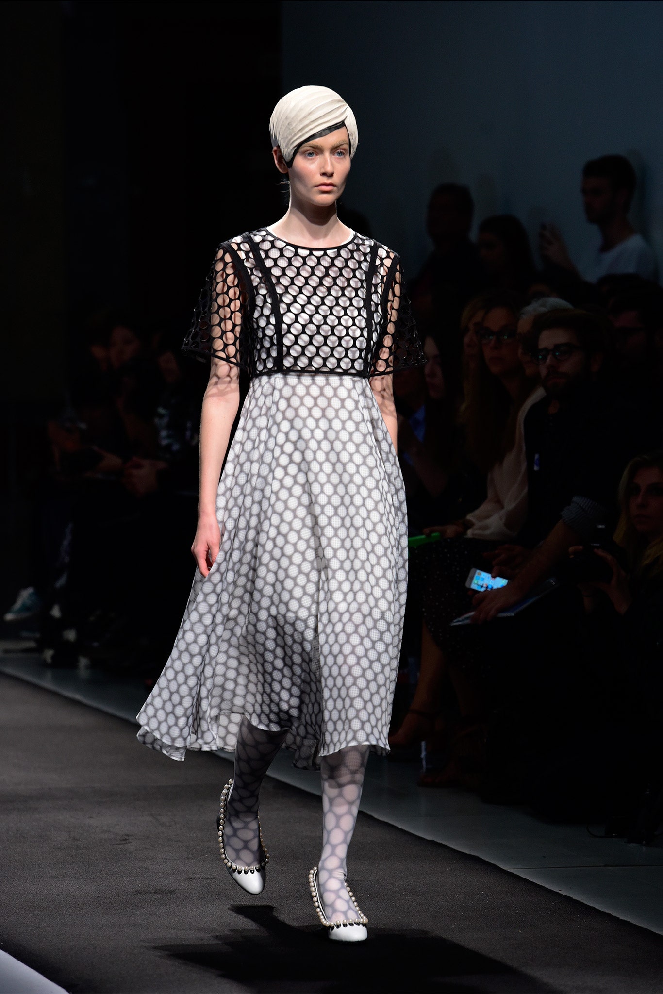 white and black polka-dot dress