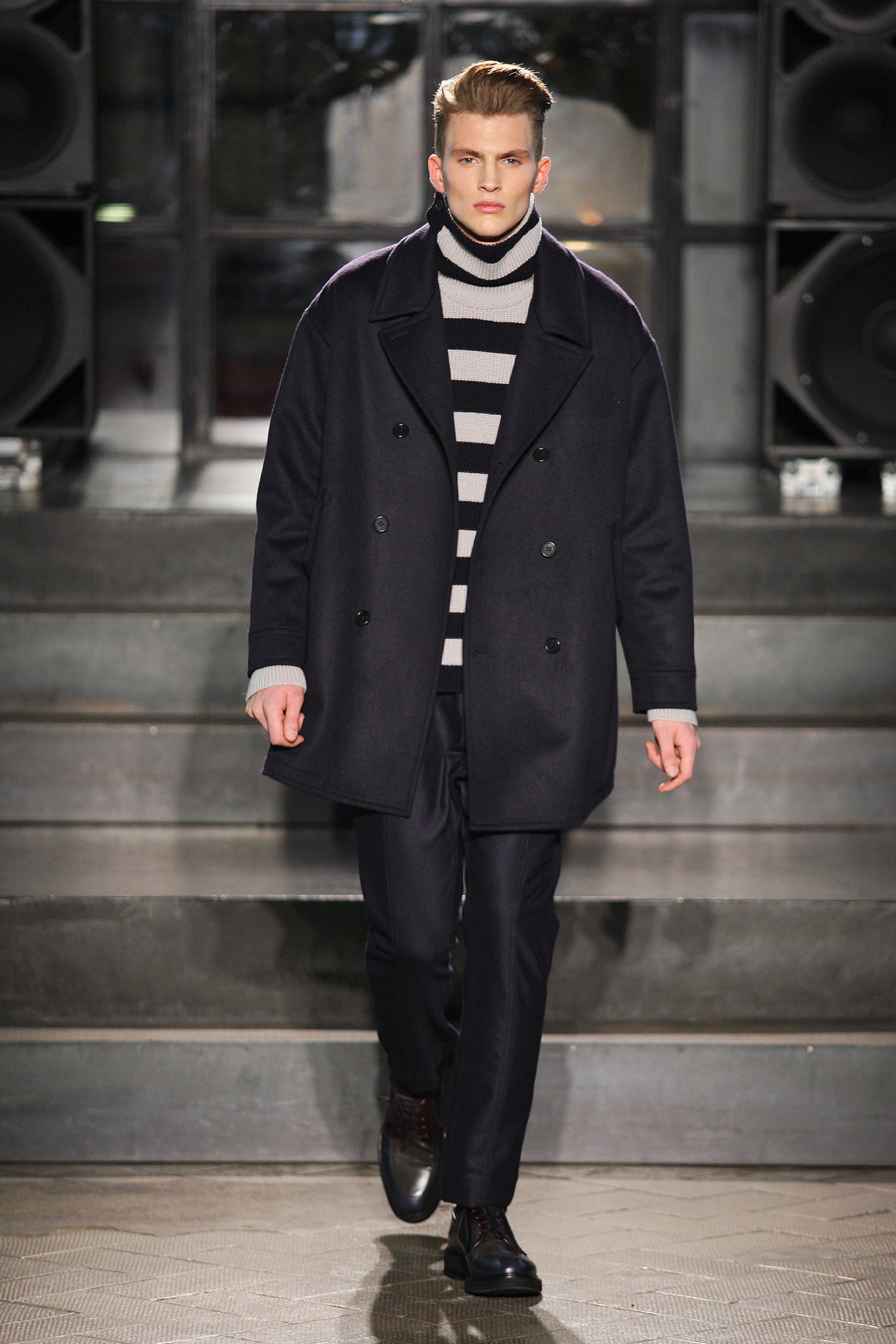 black wool coat with striped turtleneck
